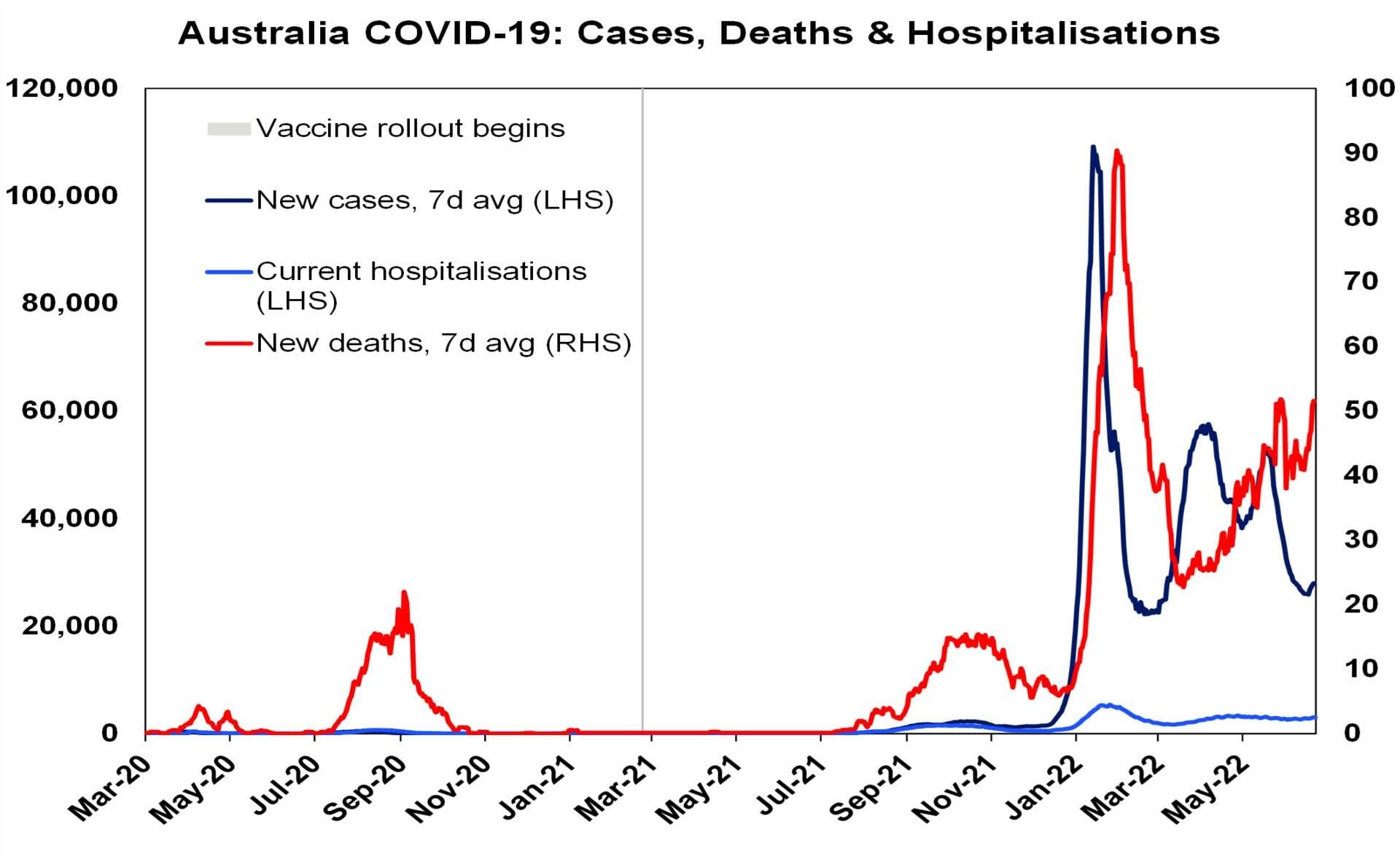 Graph showing Australia's Covid 19 Cases, Deaths and Hospitalisations