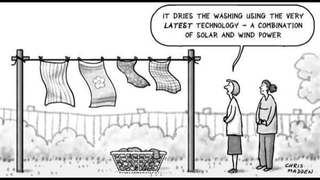 A cartoon depicting a washing line with 4 towels hanging and a clothes basket underneath. Two ladies stand next to it, one of the ladies says, 'It dires the washing using the very latest technology - a combination of solar and wind power.