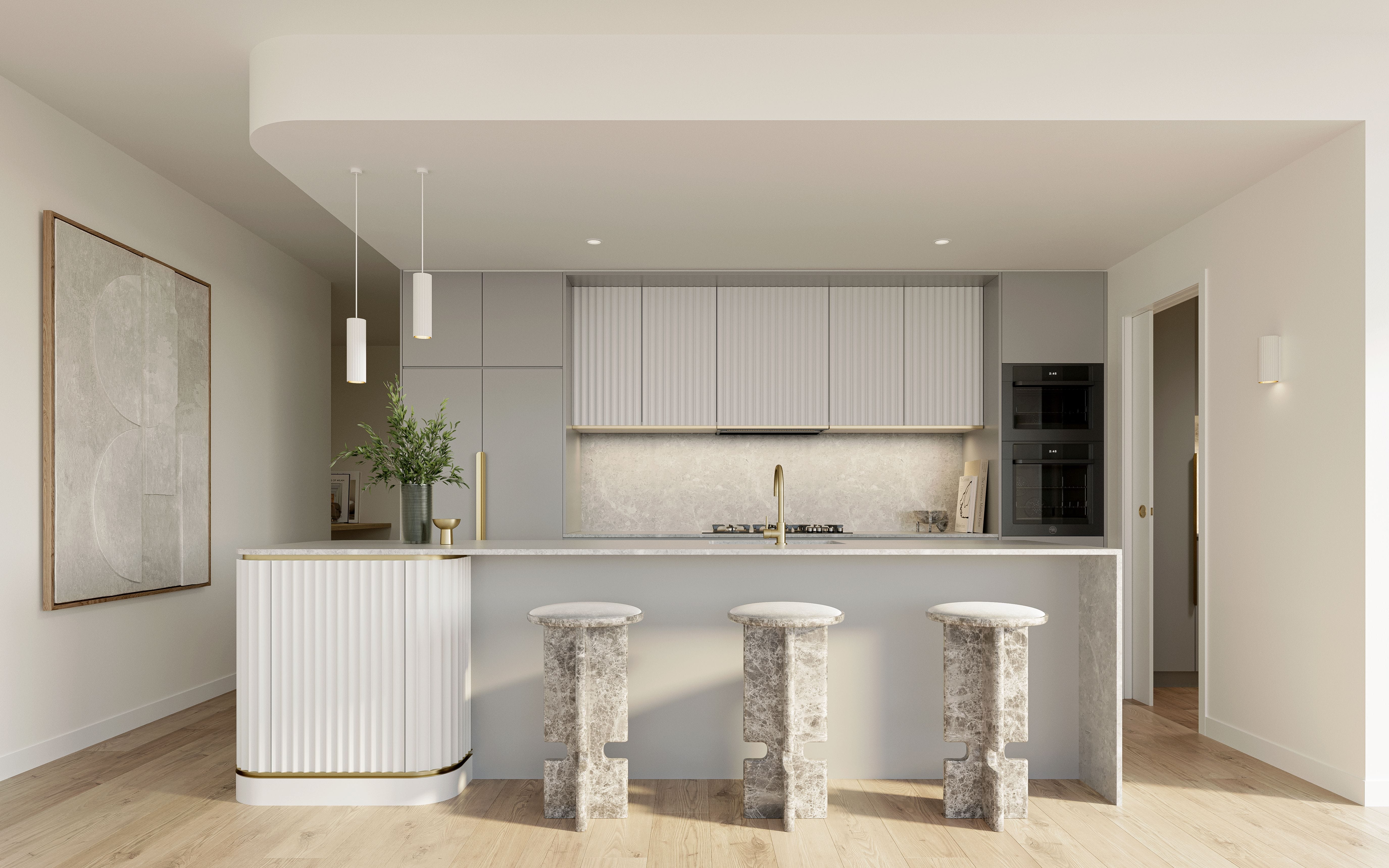 A render of the kitchen in Holm's apartments