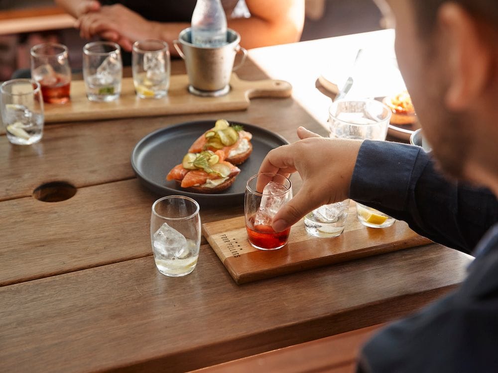 Afternoon G&T flights and Open Bagels of Olive Leaf Gin-cured Salmon