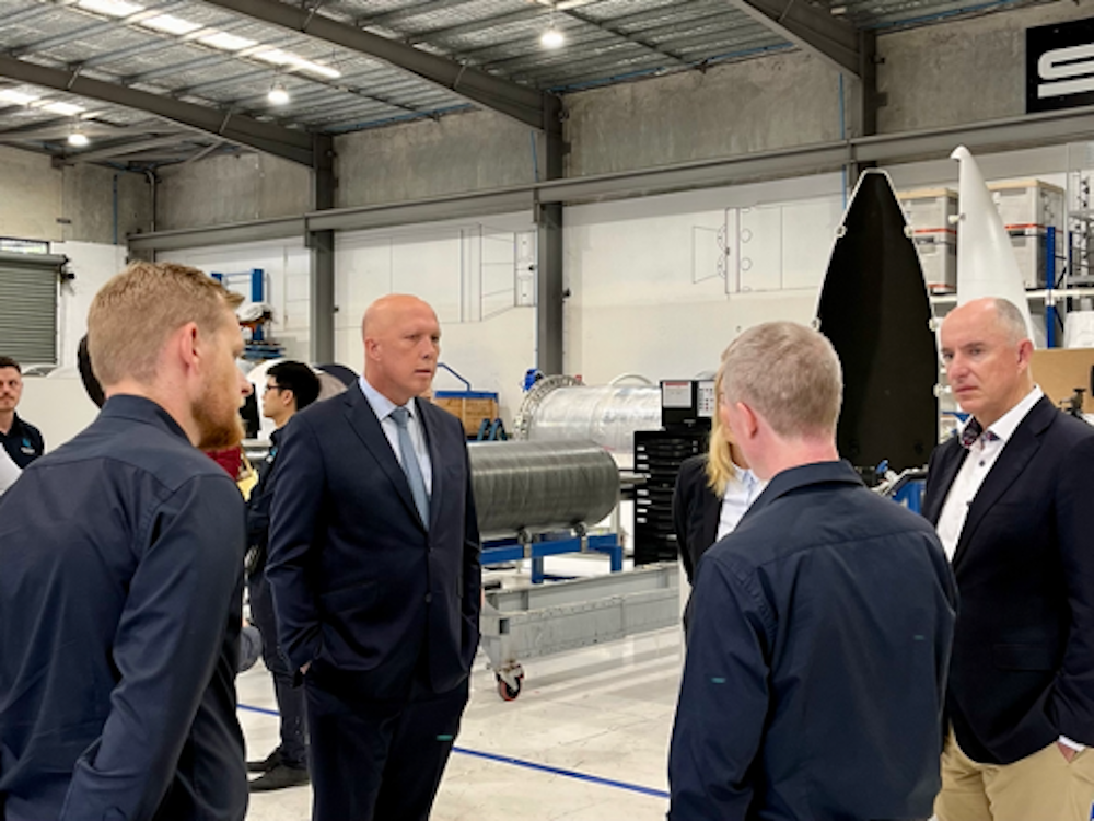 Australian Minister Peter Dutton and Minister Stuart Robert with the Gilmour Space team