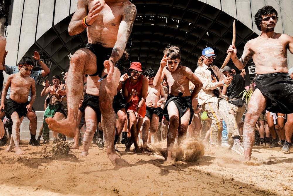 Indigenous Australians perform a welcome to country ceremony at Pitch Music & Arts 2022