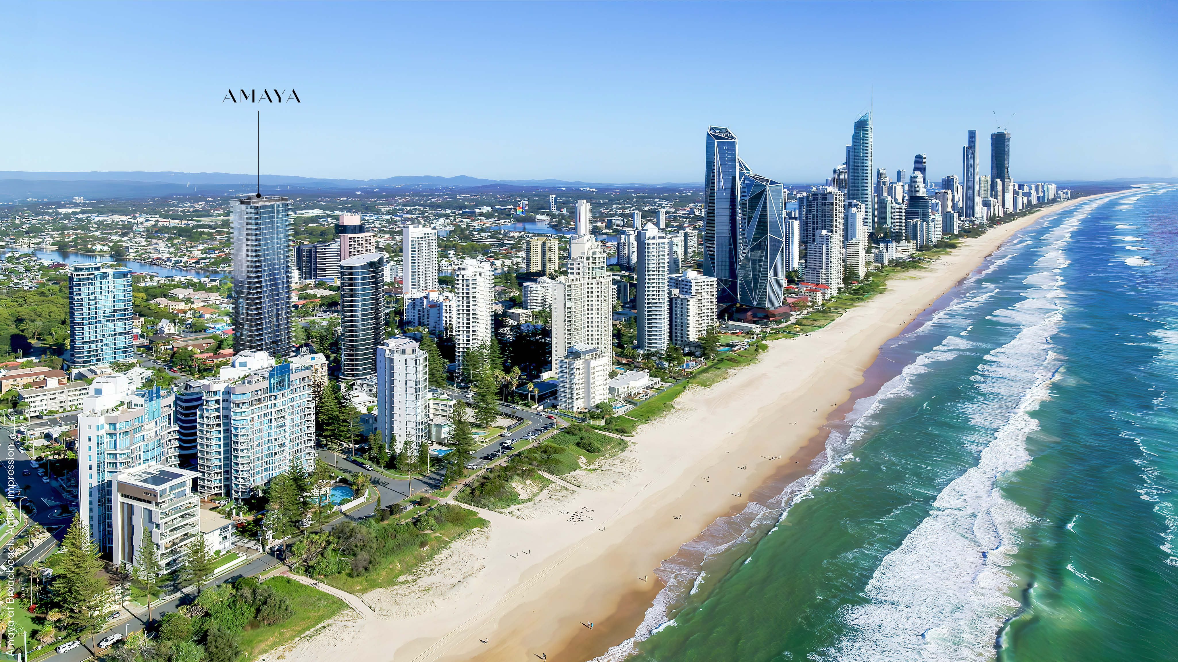 A render of where Amaya will sit on the Broadbeach coastline