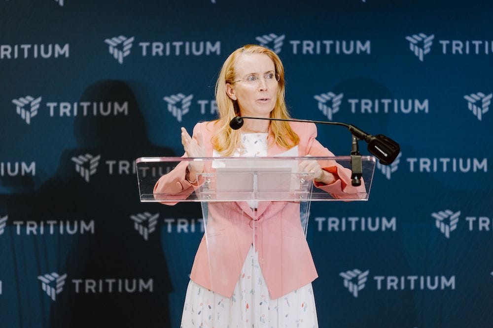 Tritium CEO Jane Hunter speaking at the opening of the company's new manufacturing facility
