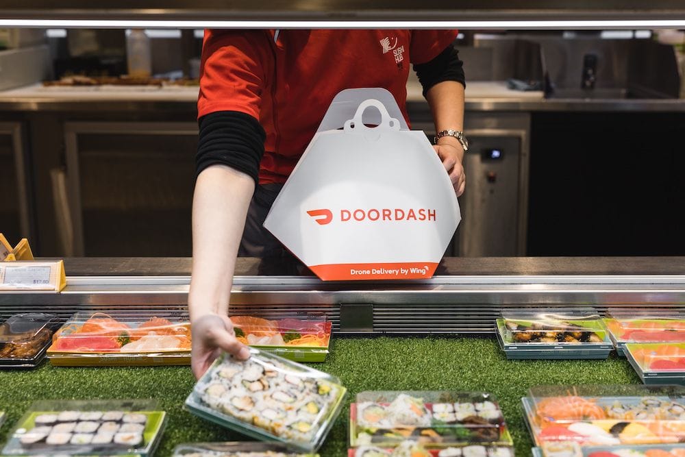 A DoorDash drone delivery box at Sushi Hub