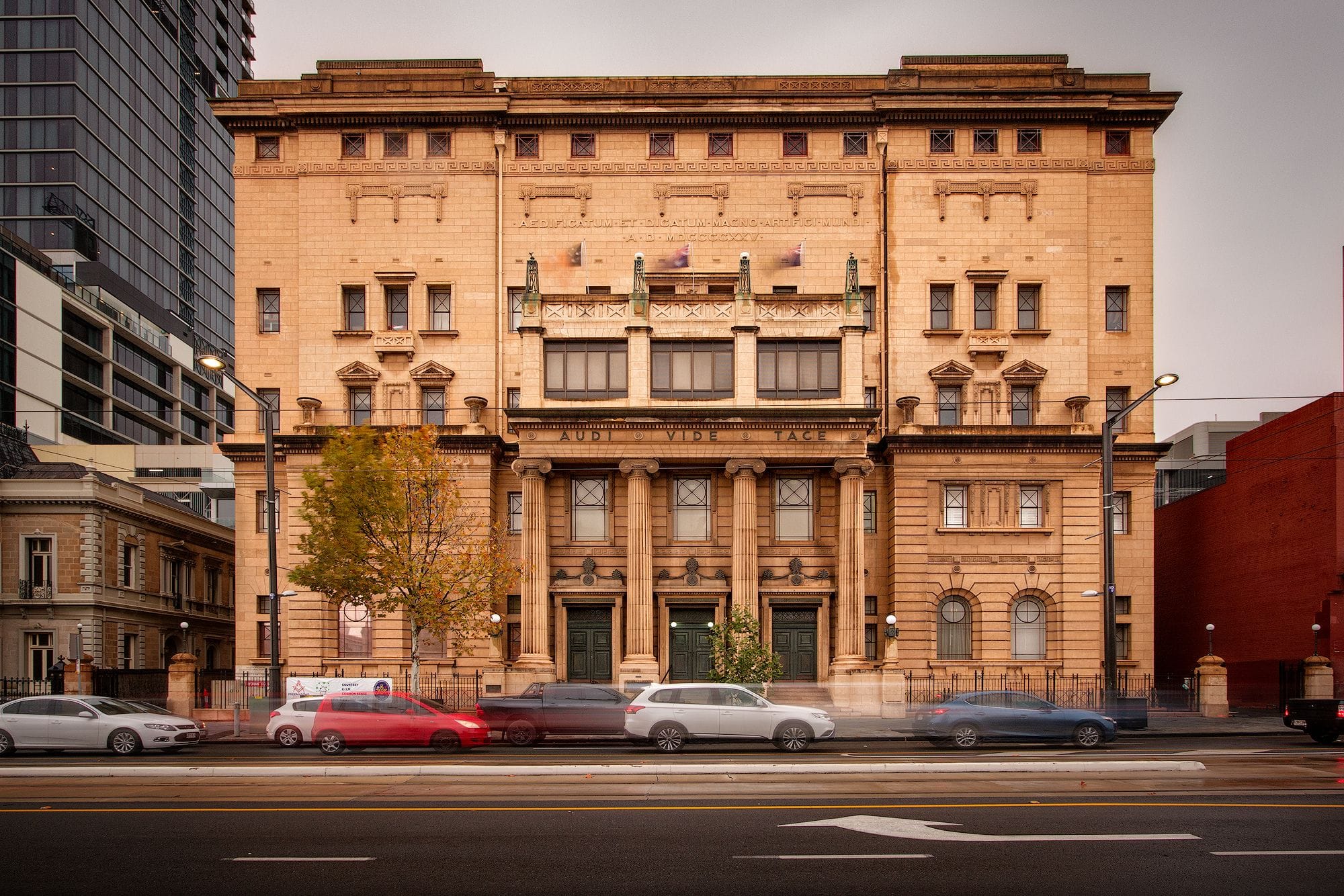 The existing facade of the Freemasons Hall on North Terrace