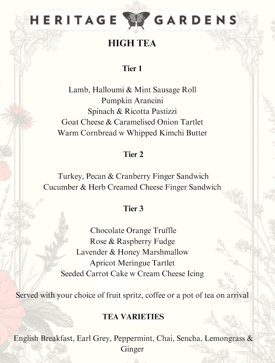 Authentic High Tea Menu Heritage Gardens High Tea - Monday 8th December 2025