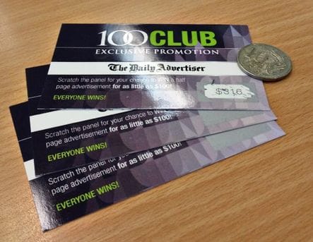 Recent Work: 100 Club The Daily Advertiser Scratchy Cards