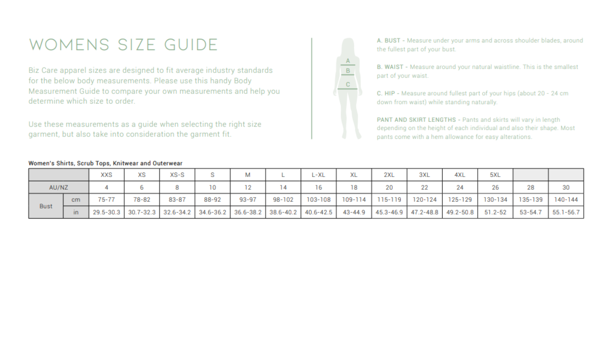 Biz Care Ladies Size Chart