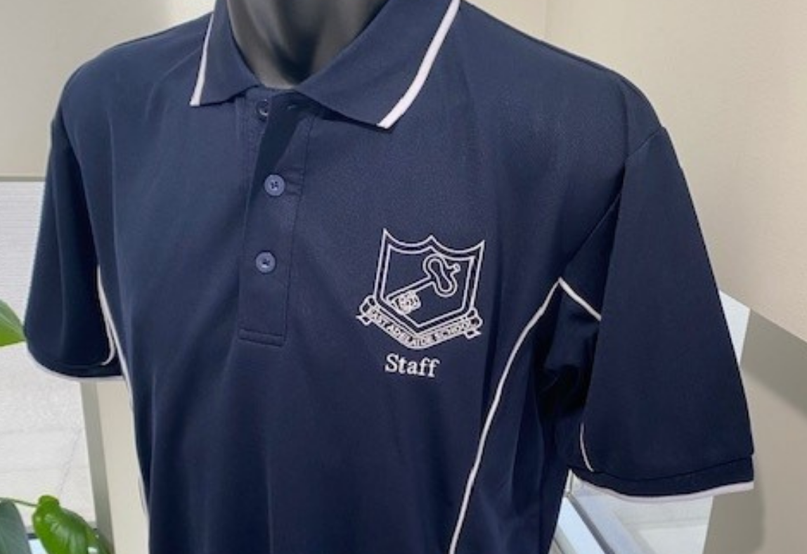 School staff polo shirt in navy with school logo