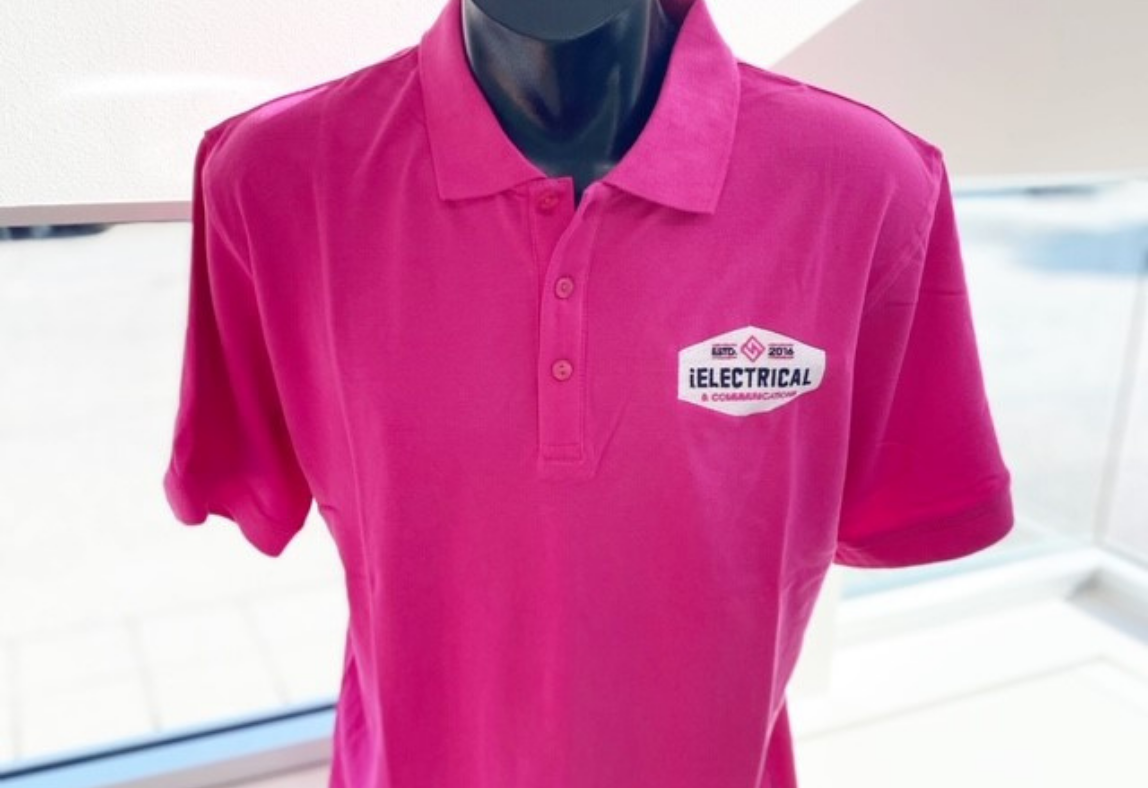 Pink promotional polo shirt with white logo