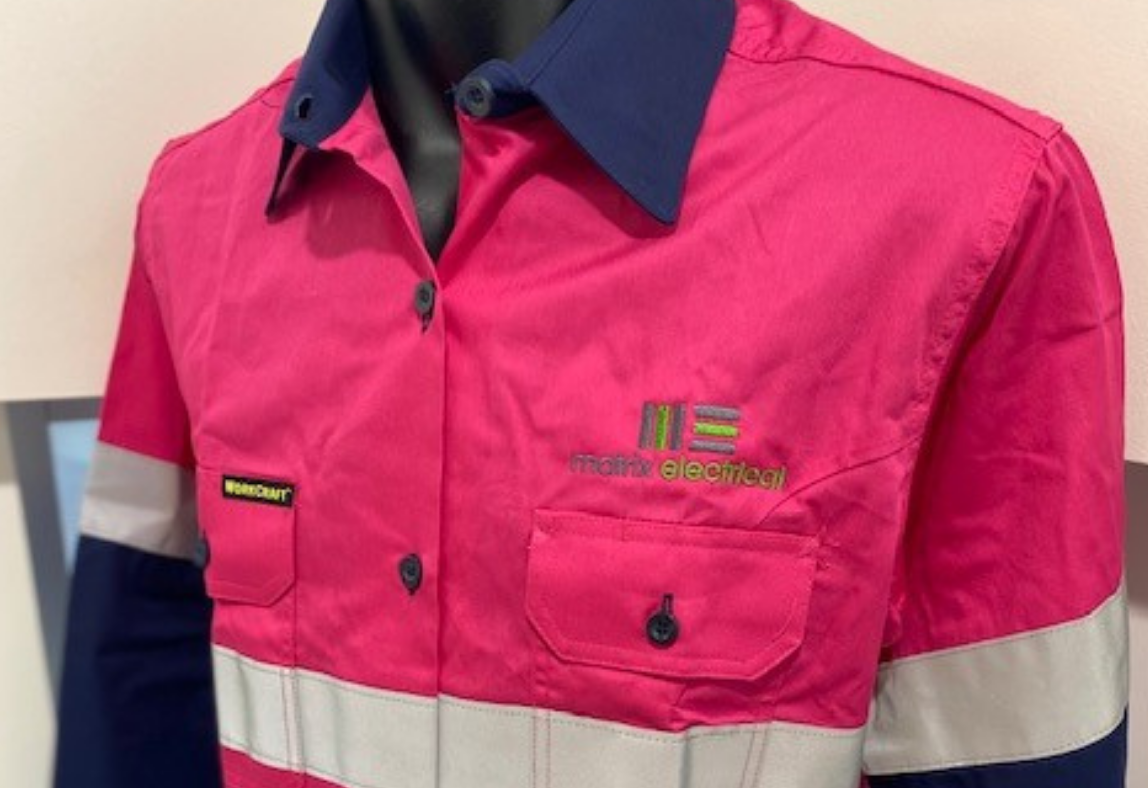 Hi vis pink long sleeve work shirt with embroidered logo