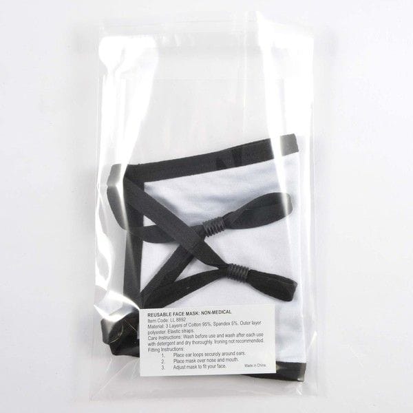Cotton facemask in plastic bag with instructions