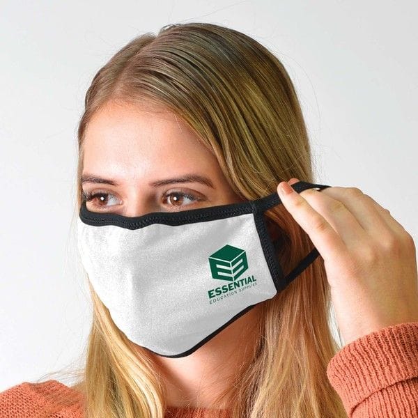 Lady wearing custom branded cotton facemask