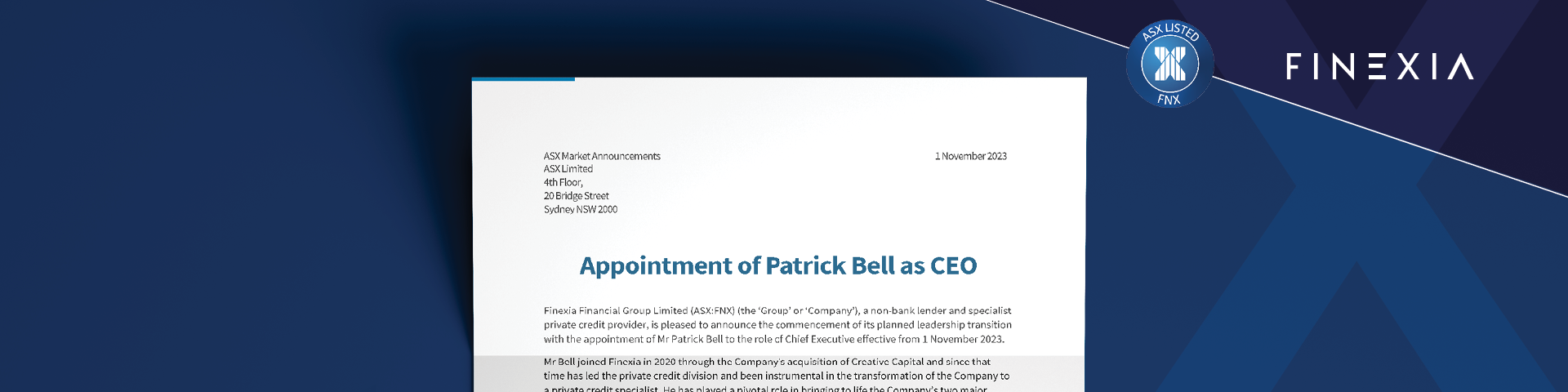 Appointment of Patrick Bell as CEO