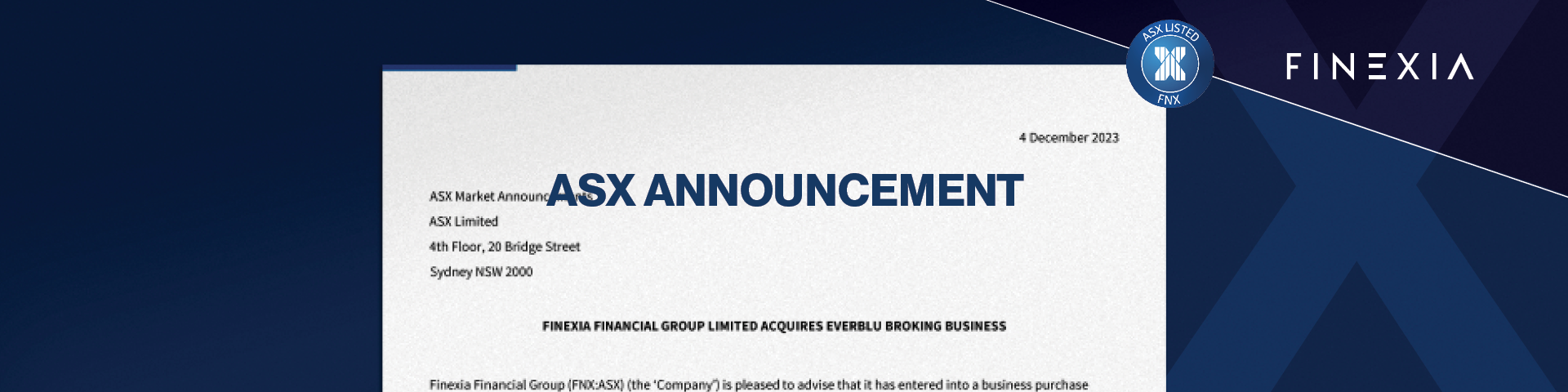 Finexia Financial Group Limited Acquires Everblu Broking Business