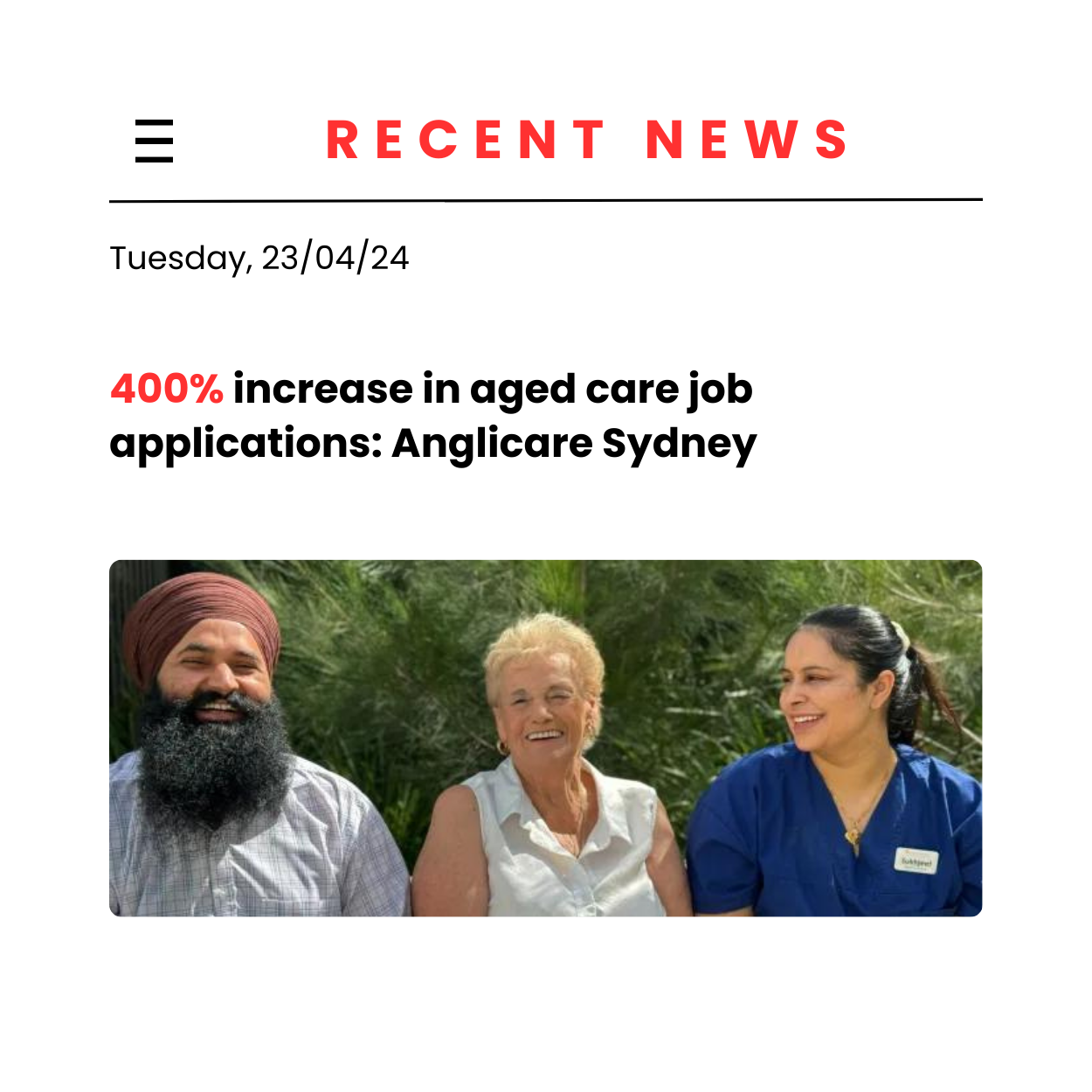 400% increase in aged care job applications: Anglicare Sydney