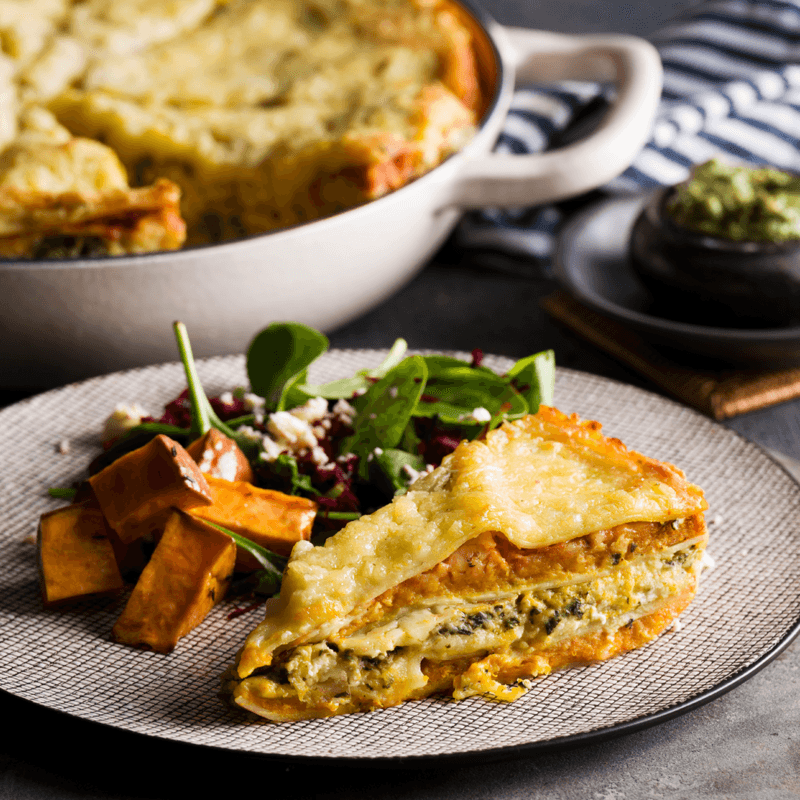 Roast Pumpkin & Garden Spinach Home-Style Round Lasagne Roast Pumpkin & Garden Spinach Home-Style Round Lasagne