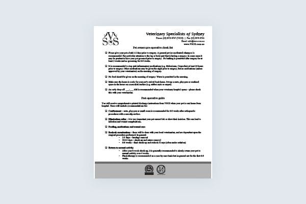 Pet owners pre-operative check list