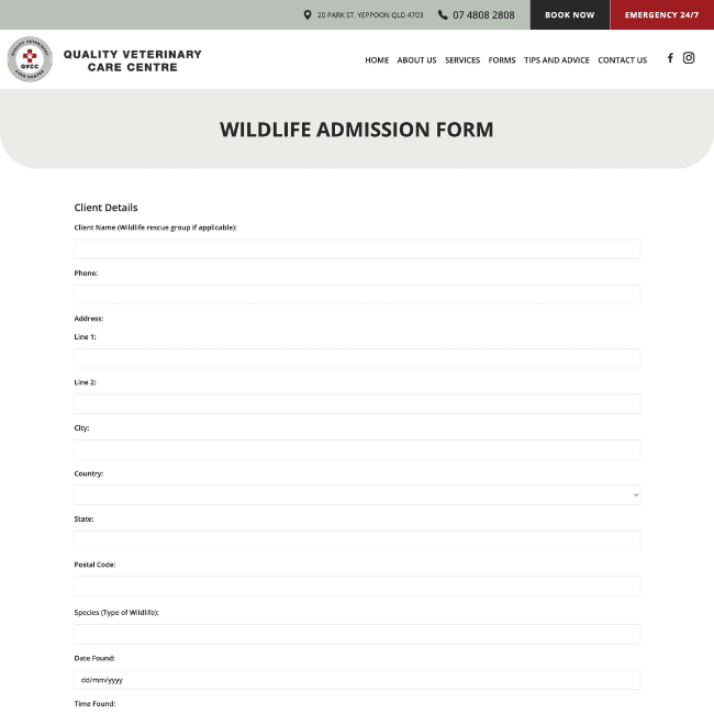 Wildlife Admission Form Wildlife Admission Form