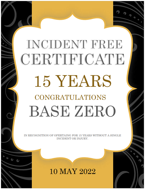 Base Zero 15 year Incident Free Certificate