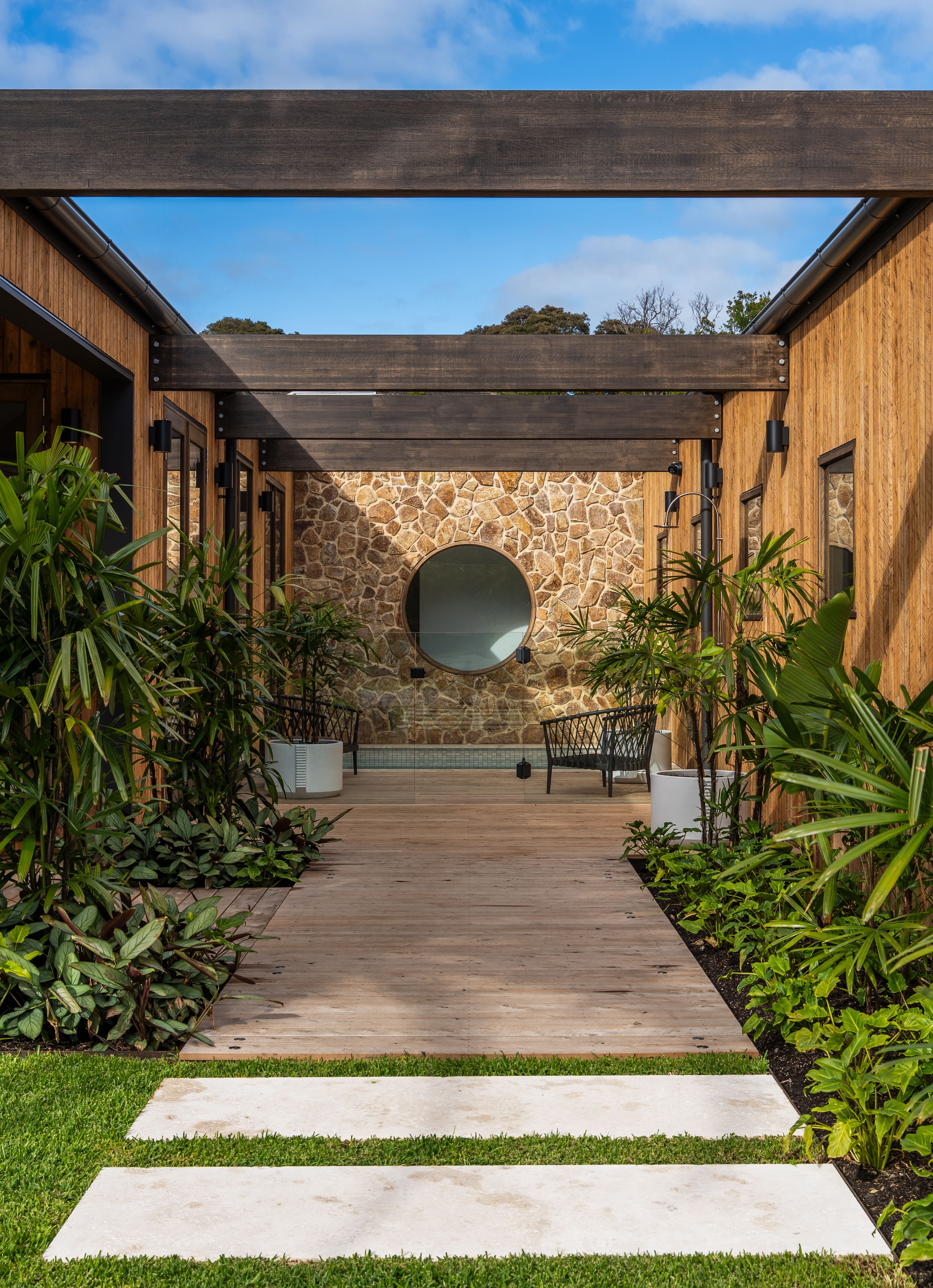 Classic Travertine Pavers + Colorado Wall Cladding
