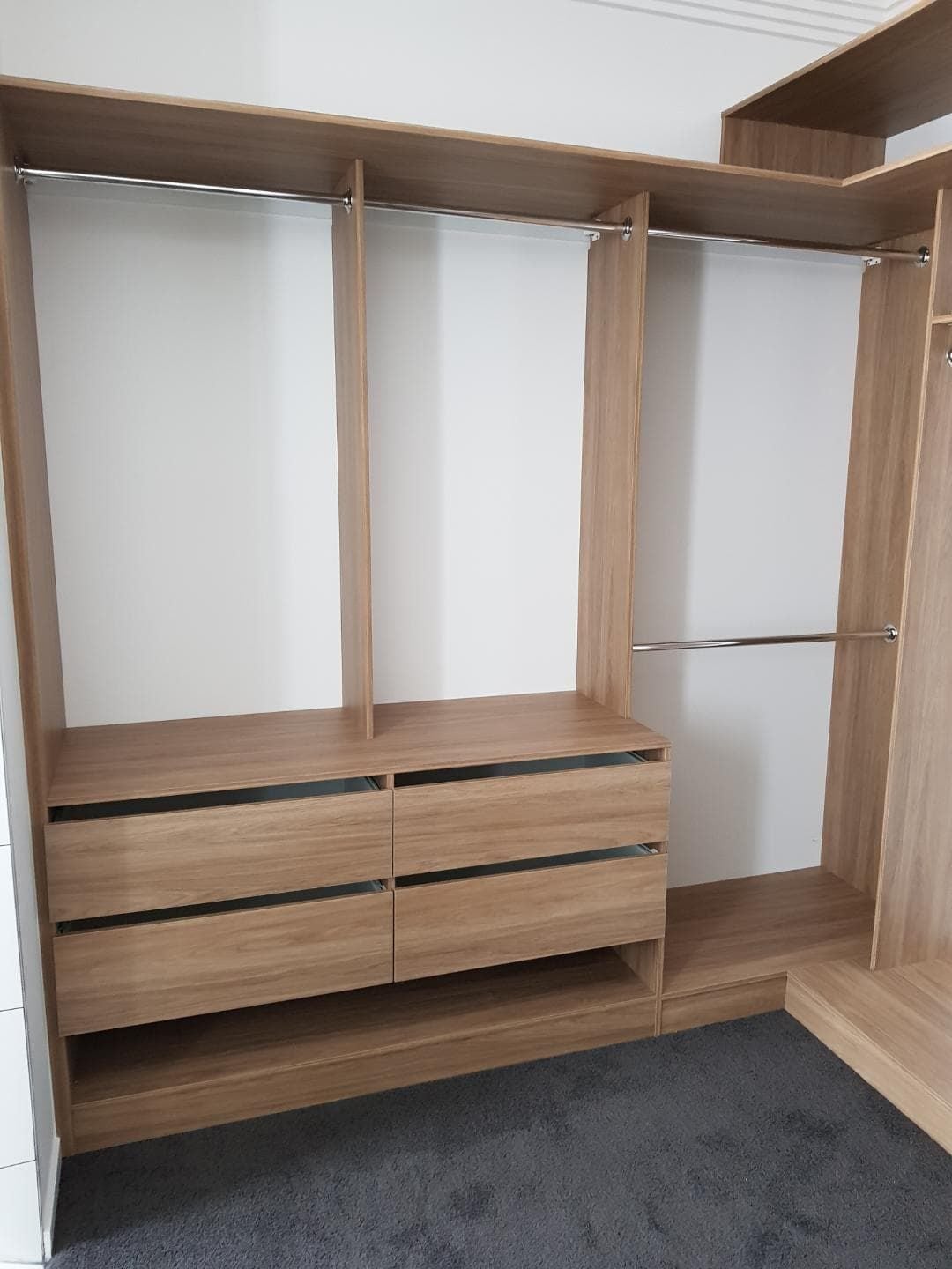 Full colour WIR using Laminex Sublime Teak MR MDF . No backing. Raised lip drawer fronts and secondary top shelf.Gap under drawers for shoes