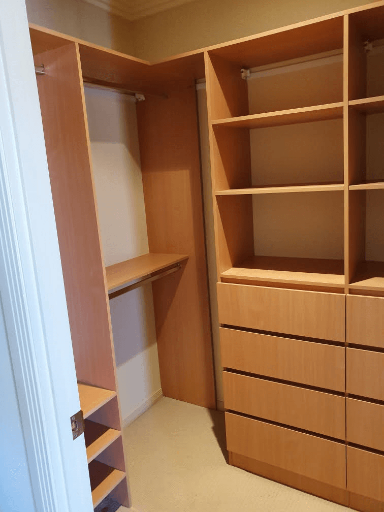 DR Henderson Sonova Beech MR MDF robe. No backing. Raised lip drawer fronts & chrome hanging
