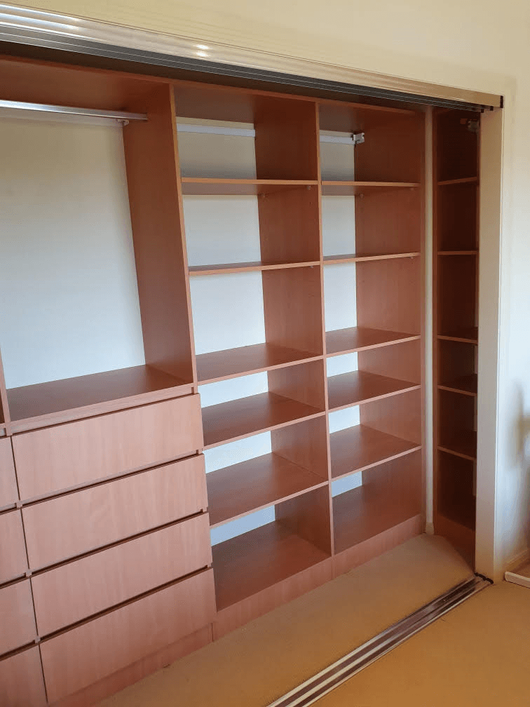 DR Henderson Sonova Beech MR MDF robe. No backing. Raised lip drawer fronts & chrome hanging