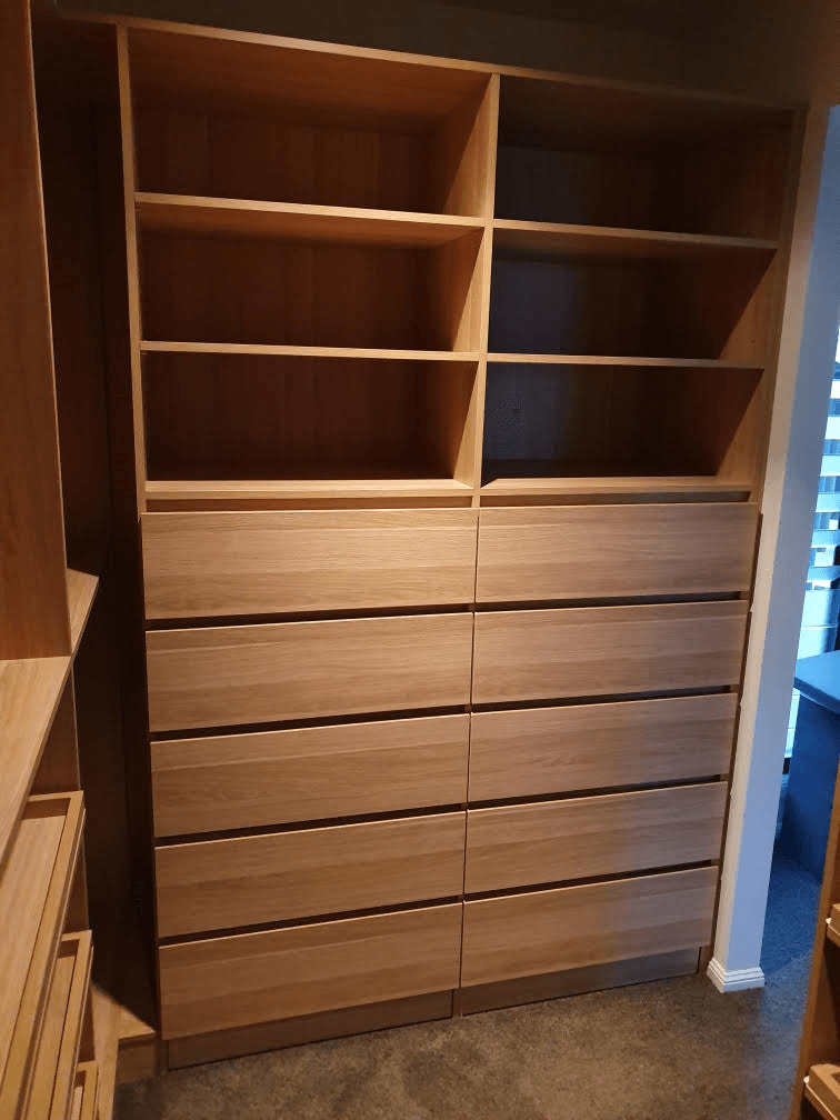 Full colour WIR with full colour backing using Polytec European Walnut Matt MR MDF. Raised lip drawer fronts & slide out shoe shelving
