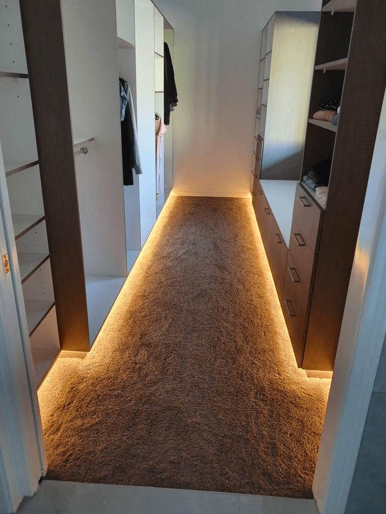 White HMR Melamine with Polytec Jamaican Walnut Matt MR MDF. LED strip lighting in kick base