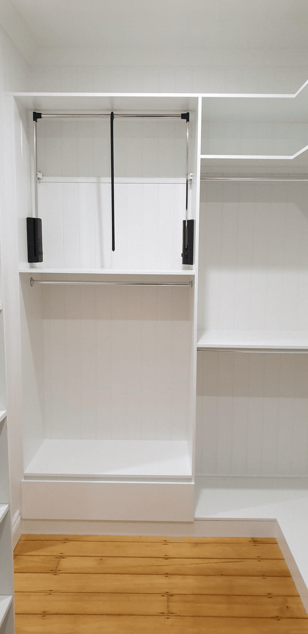 White WIR with Hafele 2004 clothes pull and Hafele synergy trouser rack