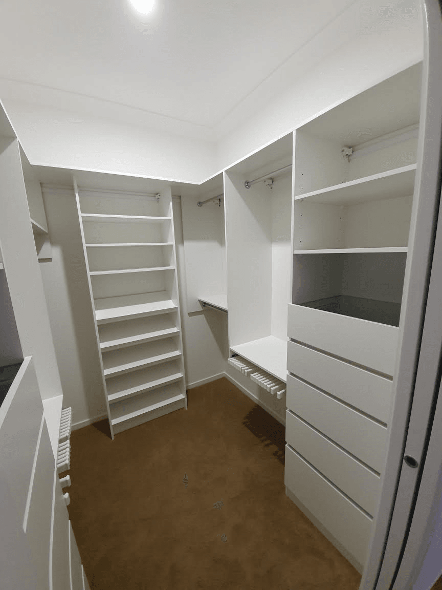 White WIR with 6mm toughened clear glass shelf on top of drawer units