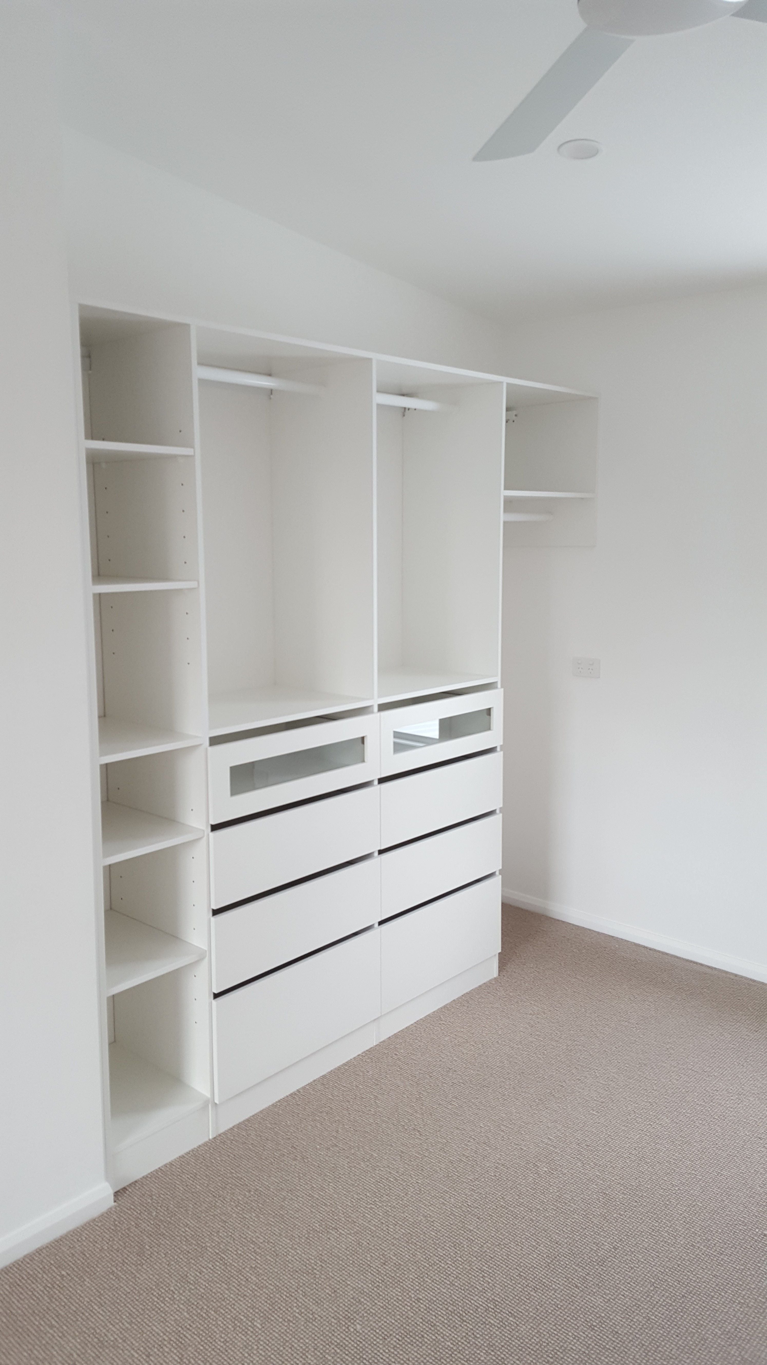 White WIR with Artia trouser racks and drawer fronts with clear glass inserts