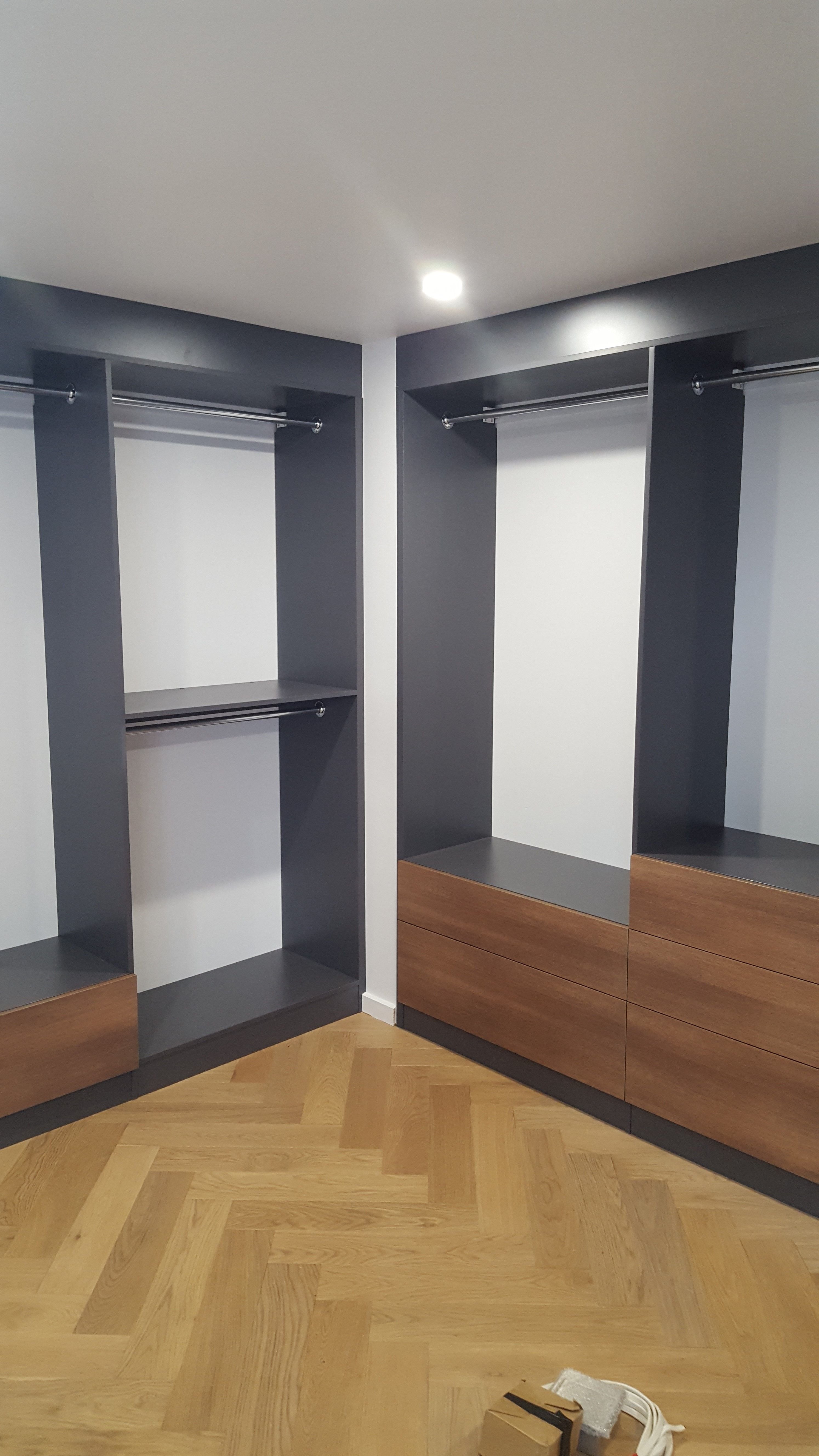 Formica Storm MR MDF with Polytec Notaio Walnut WIR. Bulkhead to ceiling