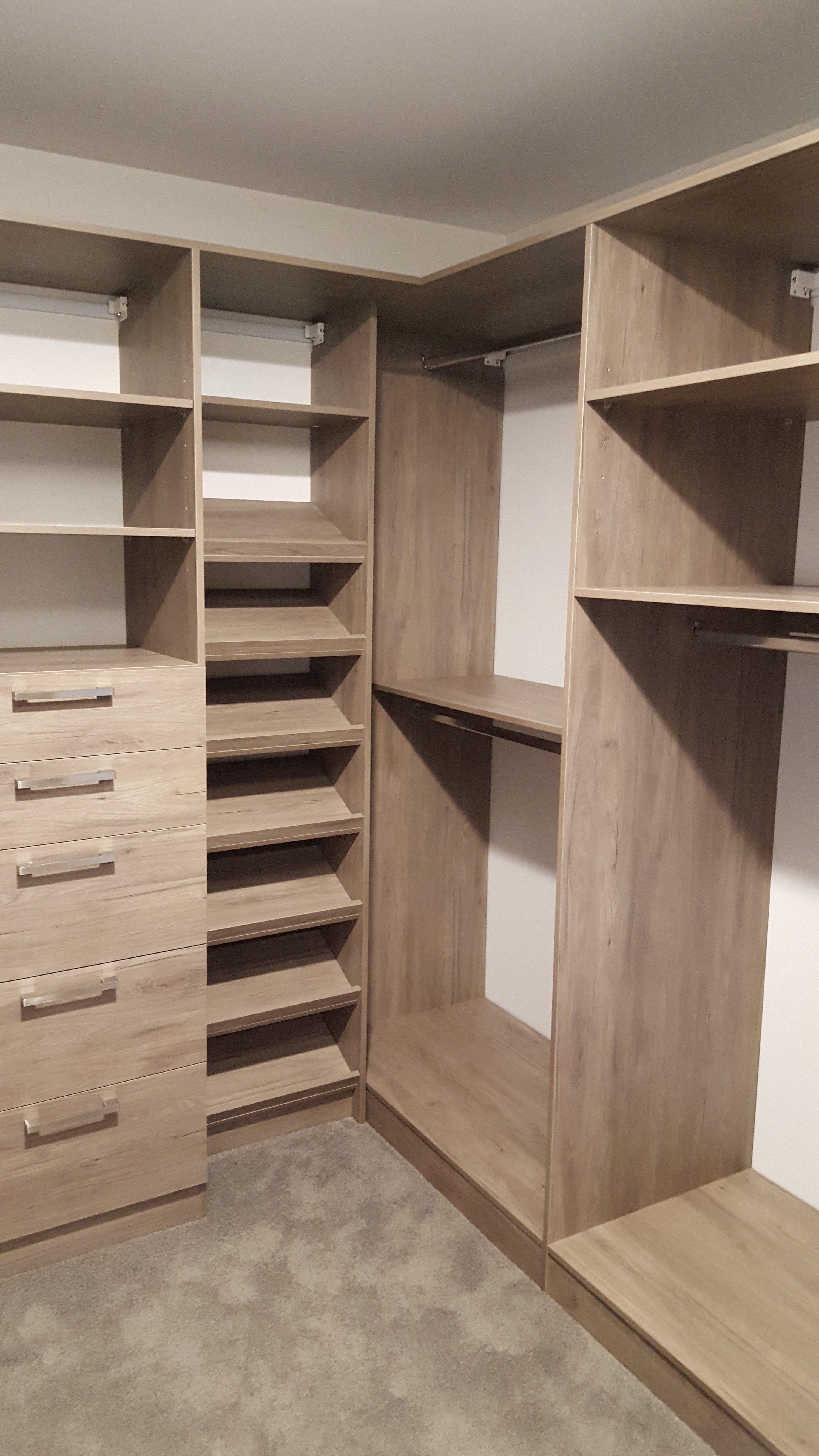 Polytec Notaio Walnut WIR, closed drawer with silver bar handle. Long hang & double hang.