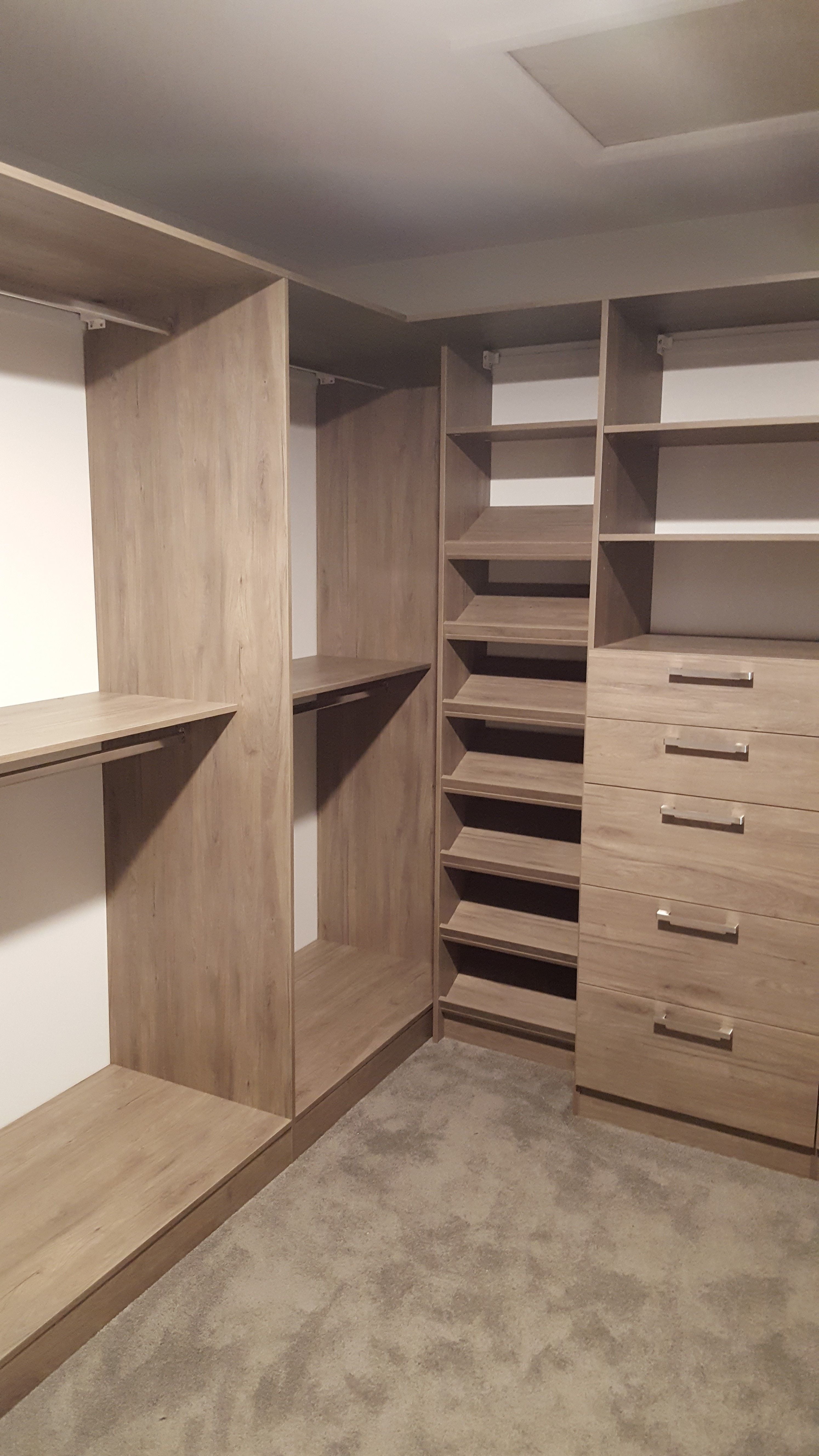 Polytec Notaio Walnut WIR, closed drawer with silver bar handle. Long hang & double hang.