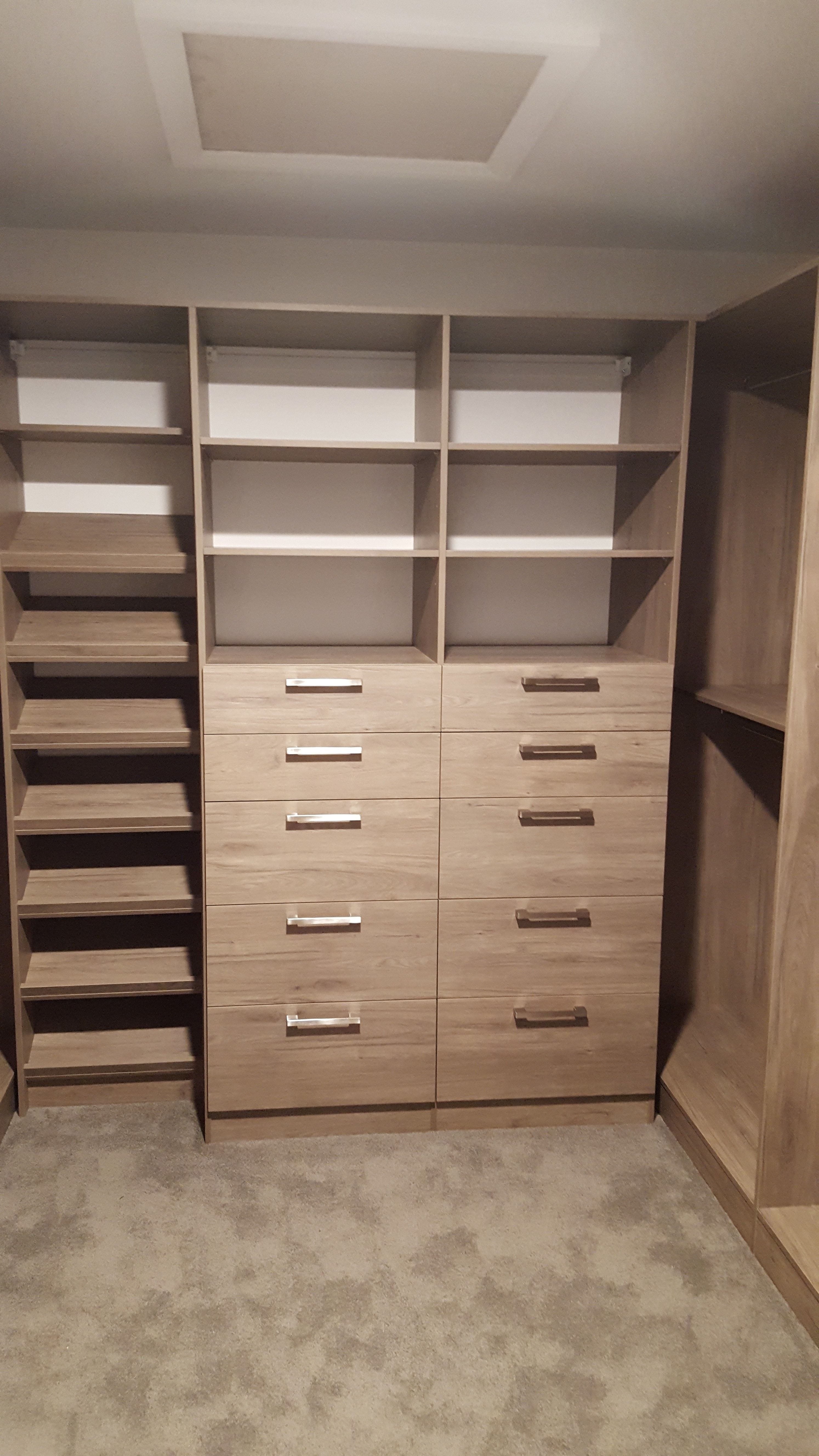 Polytec Notaio Walnut WIR, closed drawer with silver bar handle. Long hang & double hang.