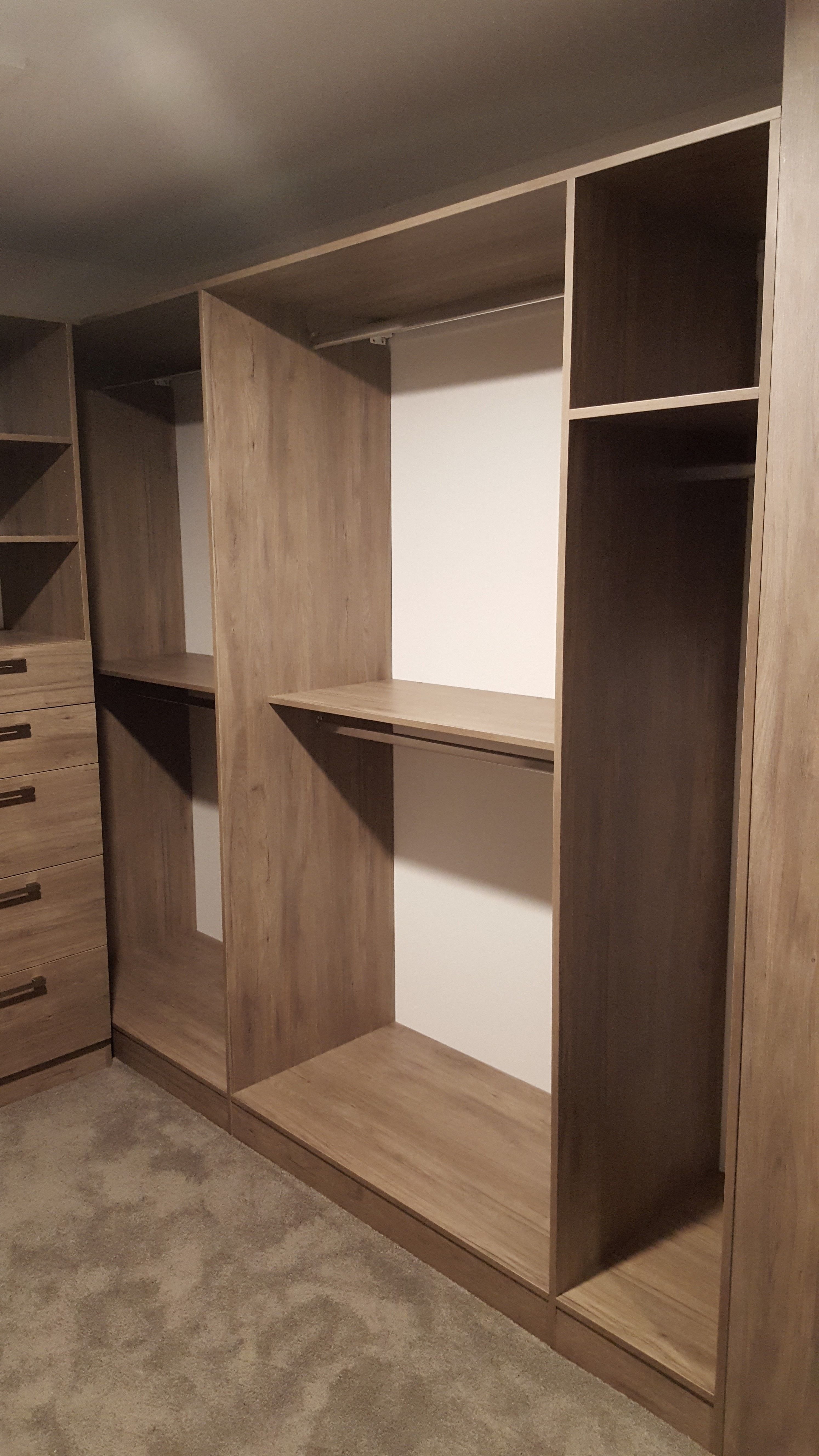 Polytec Notaio Walnut WIR, closed drawer with silver bar handle. Long hang & double hang.