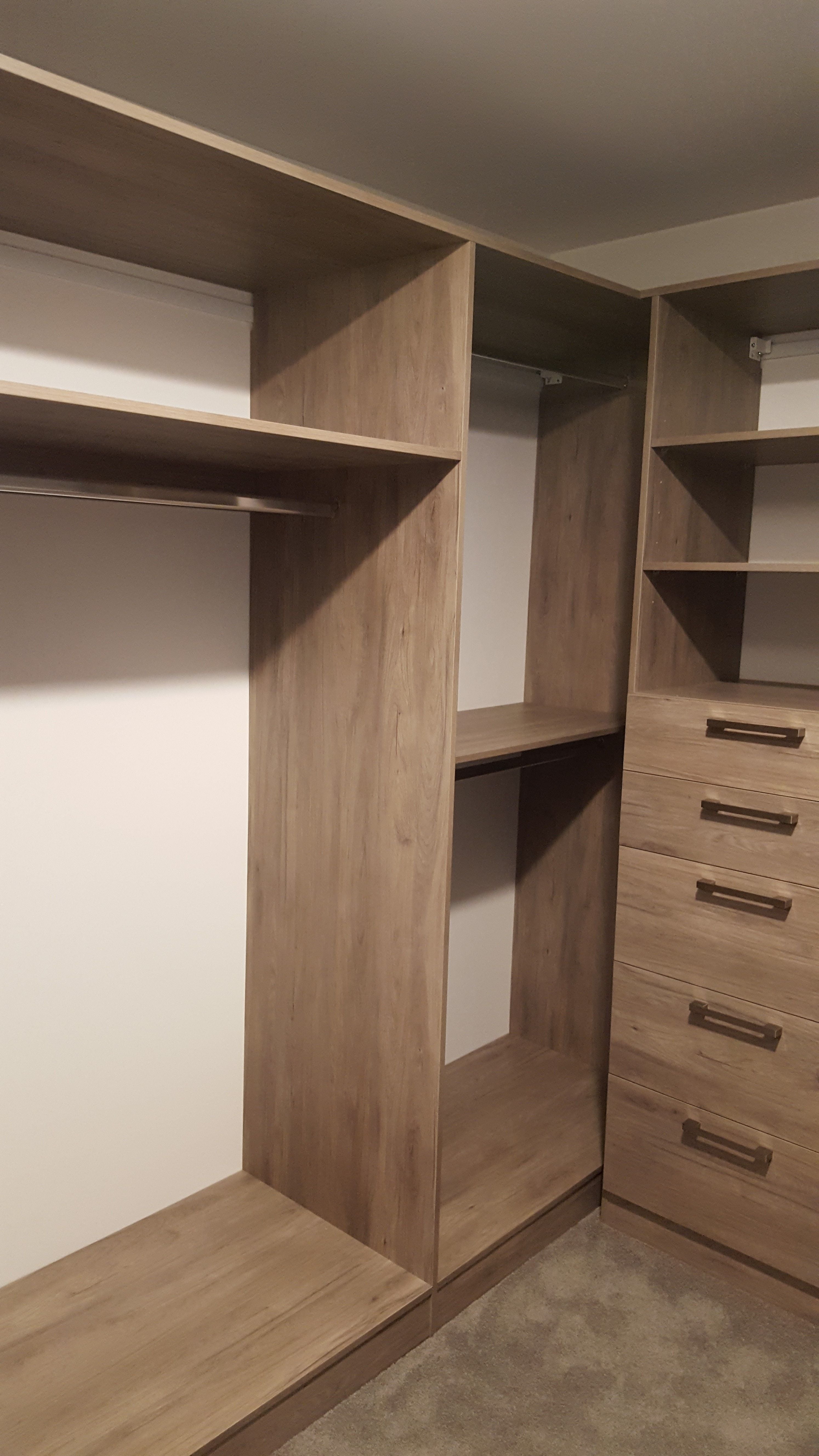 Polytec Notaio Walnut WIR, closed drawer with silver bar handle. Long hang & double hang.