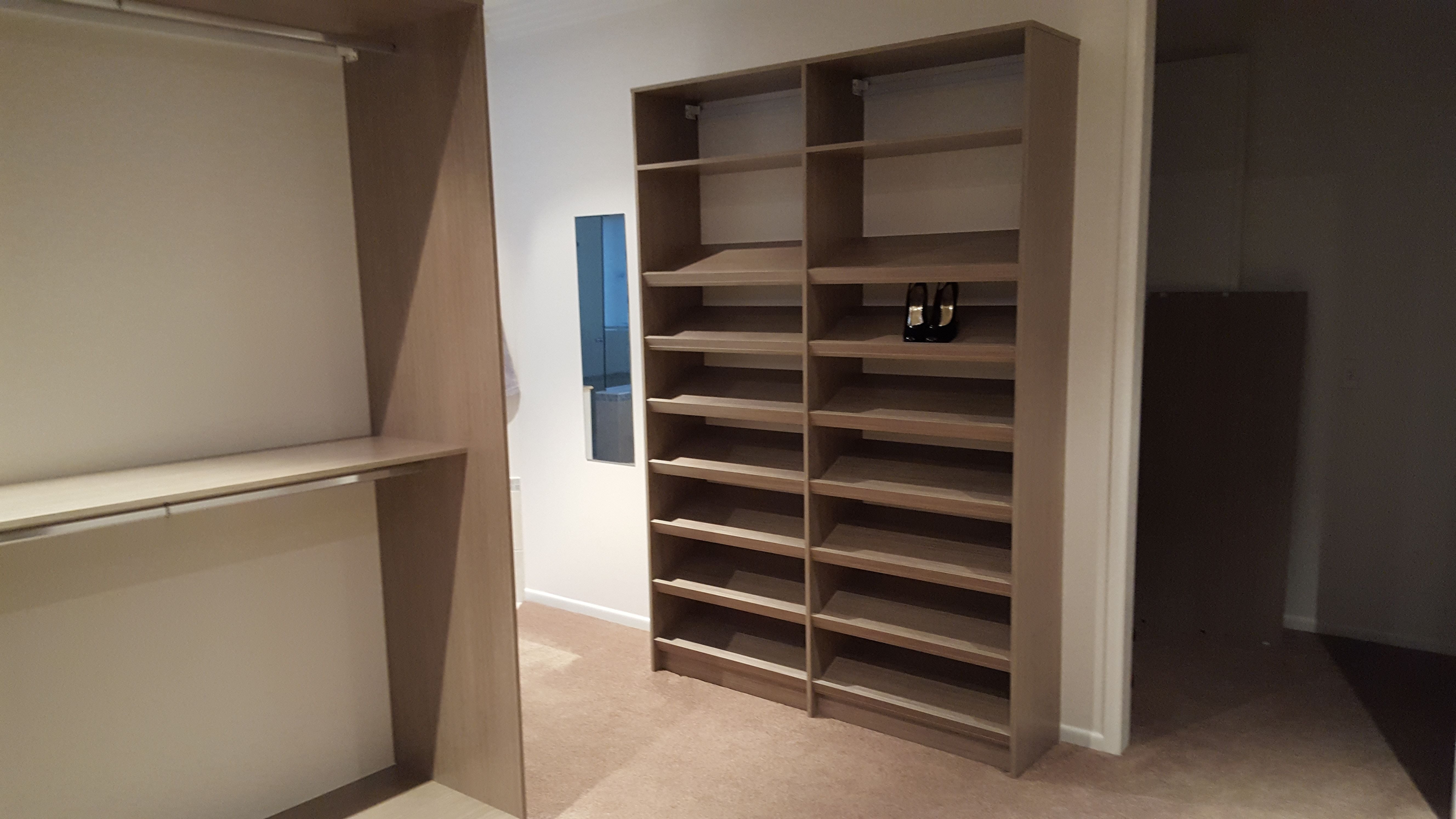 Polytec Rocco Lini Matt WIR, closed drawer with silver knob. Long hang & double hang. Sloping shoe racks with upstands