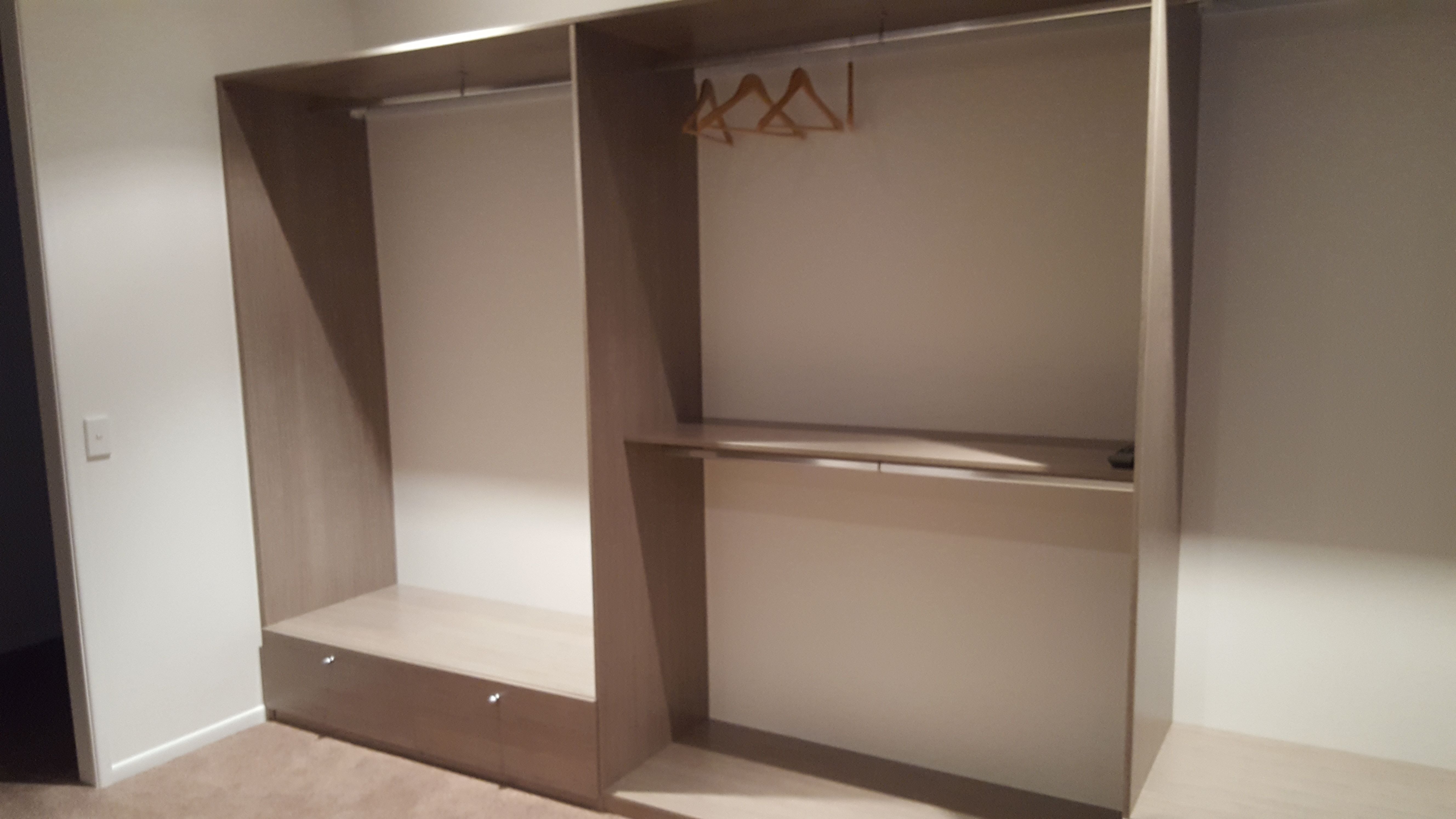 Polytec Rocco Lini Matt WIR, closed drawer with silver knob. Long hang & double hang. Sloping shoe racks with upstands