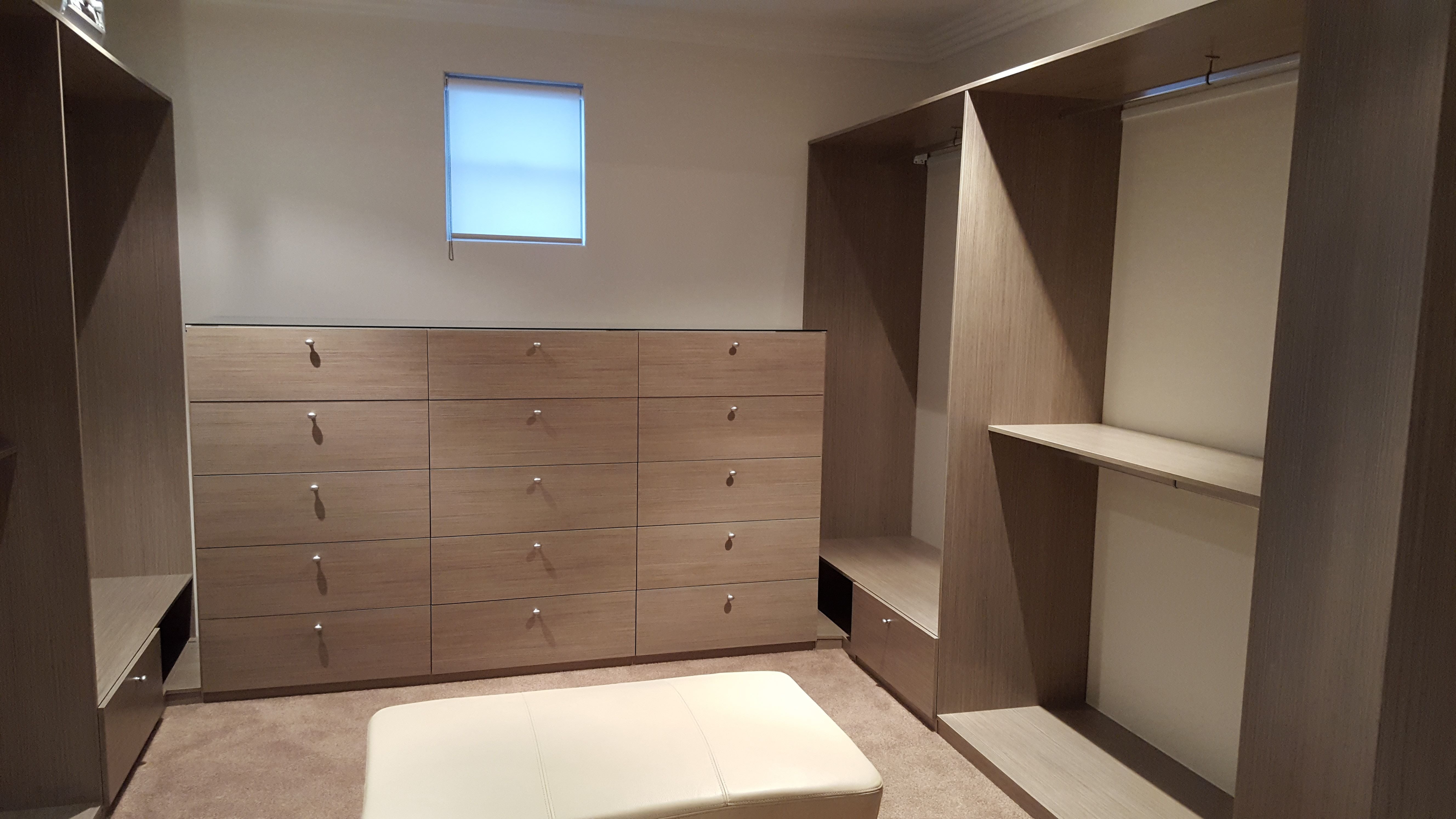 Polytec Rocco Lini Matt WIR, closed drawer with silver knob. Long hang & double hang. Sloping shoe racks with upstands