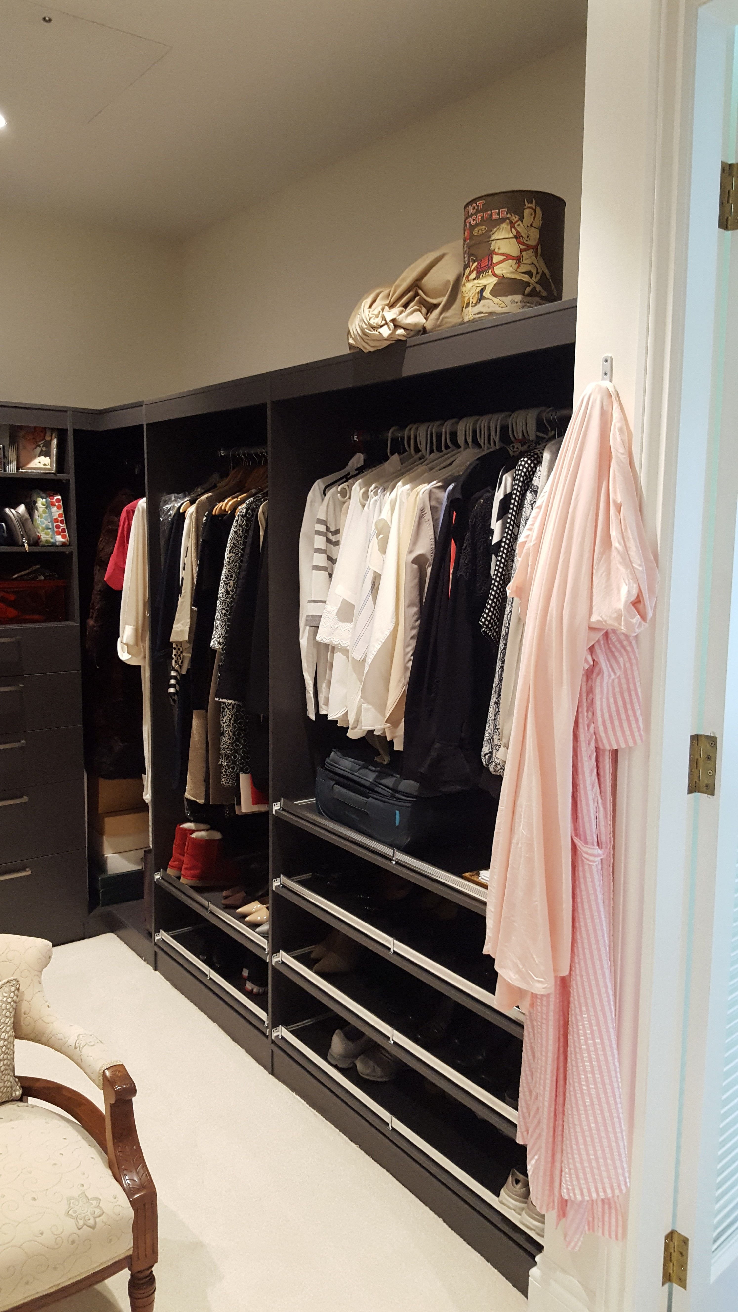 Polytec Graphite Matt WIR. Full colour backing. Slide out shoe shelves with aluminum up stands. Hinged mirror doors. LED strip lighting behind pelmet.