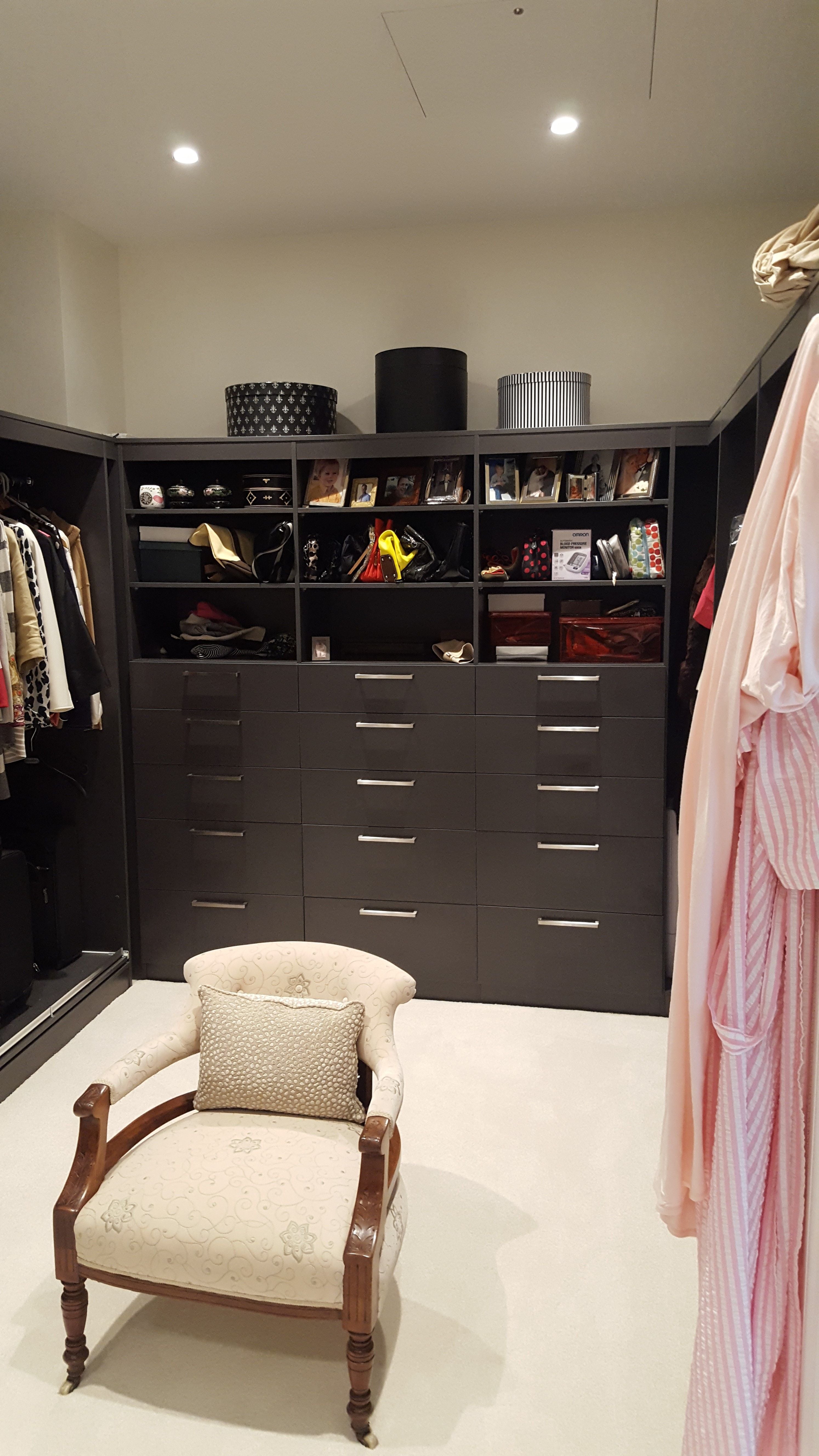 Polytec Graphite Matt WIR. Full colour backing. Slide out shoe shelves with aluminum up stands. Hinged mirror doors. LED strip lighting behind pelmet.