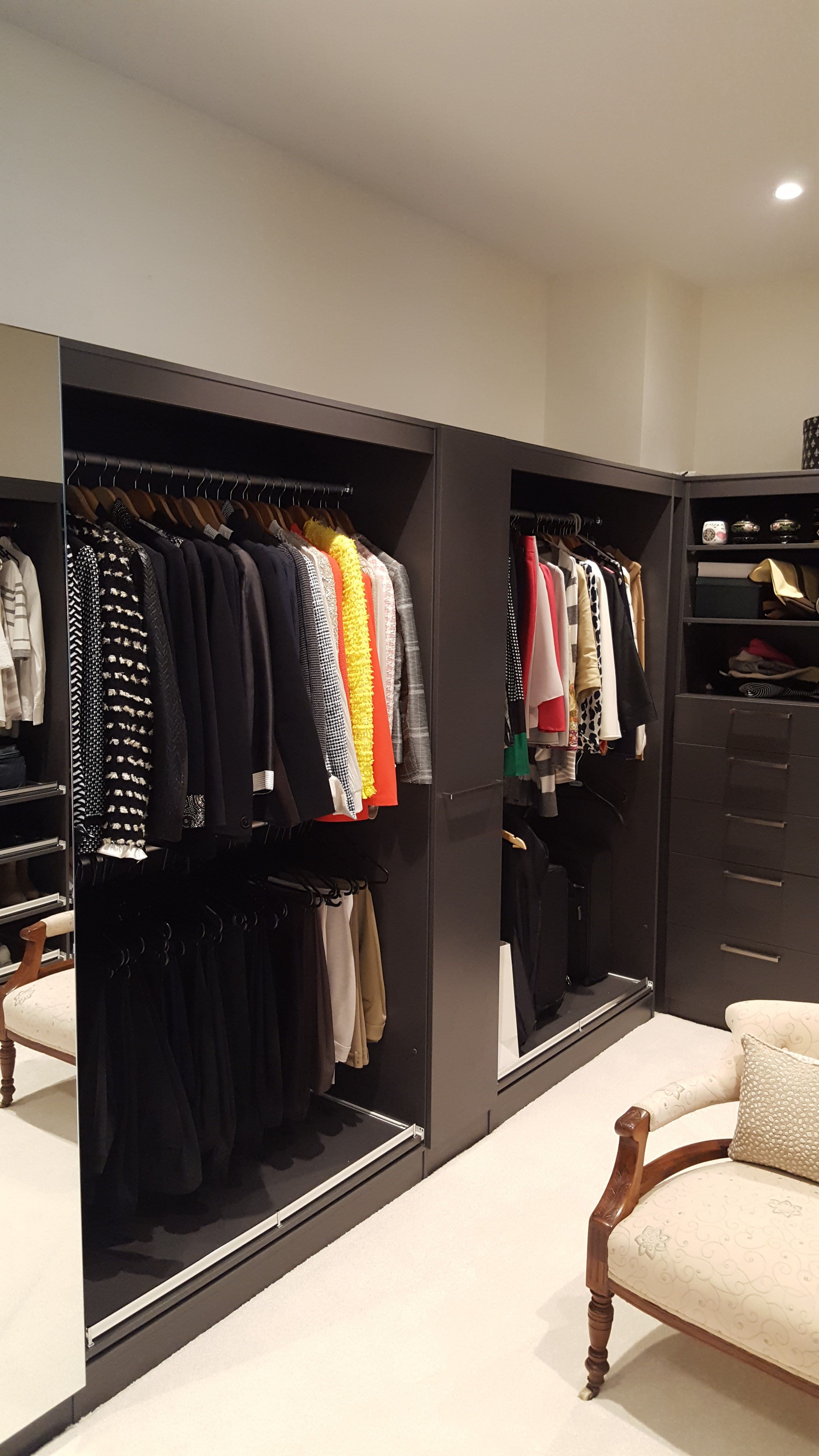 Polytec Graphite Matt WIR. Full colour backing. Slide out shoe shelves with aluminum up stands. Hinged mirror doors. LED strip lighting behind pelmet.