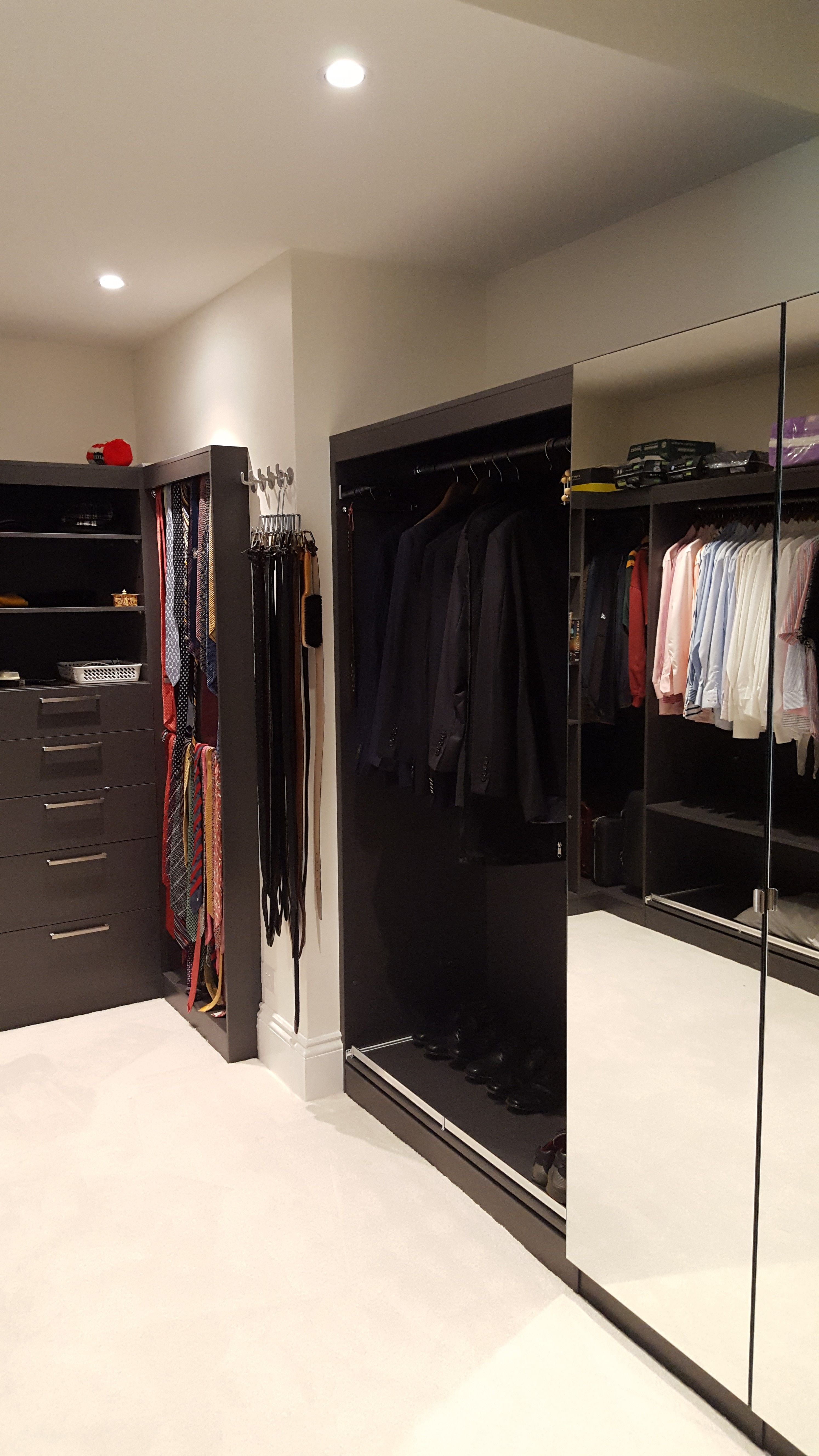 Polytec Graphite Matt WIR. Full colour backing. Slide out shoe shelves with aluminum up stands. Hinged mirror doors. LED strip lighting behind pelmet.