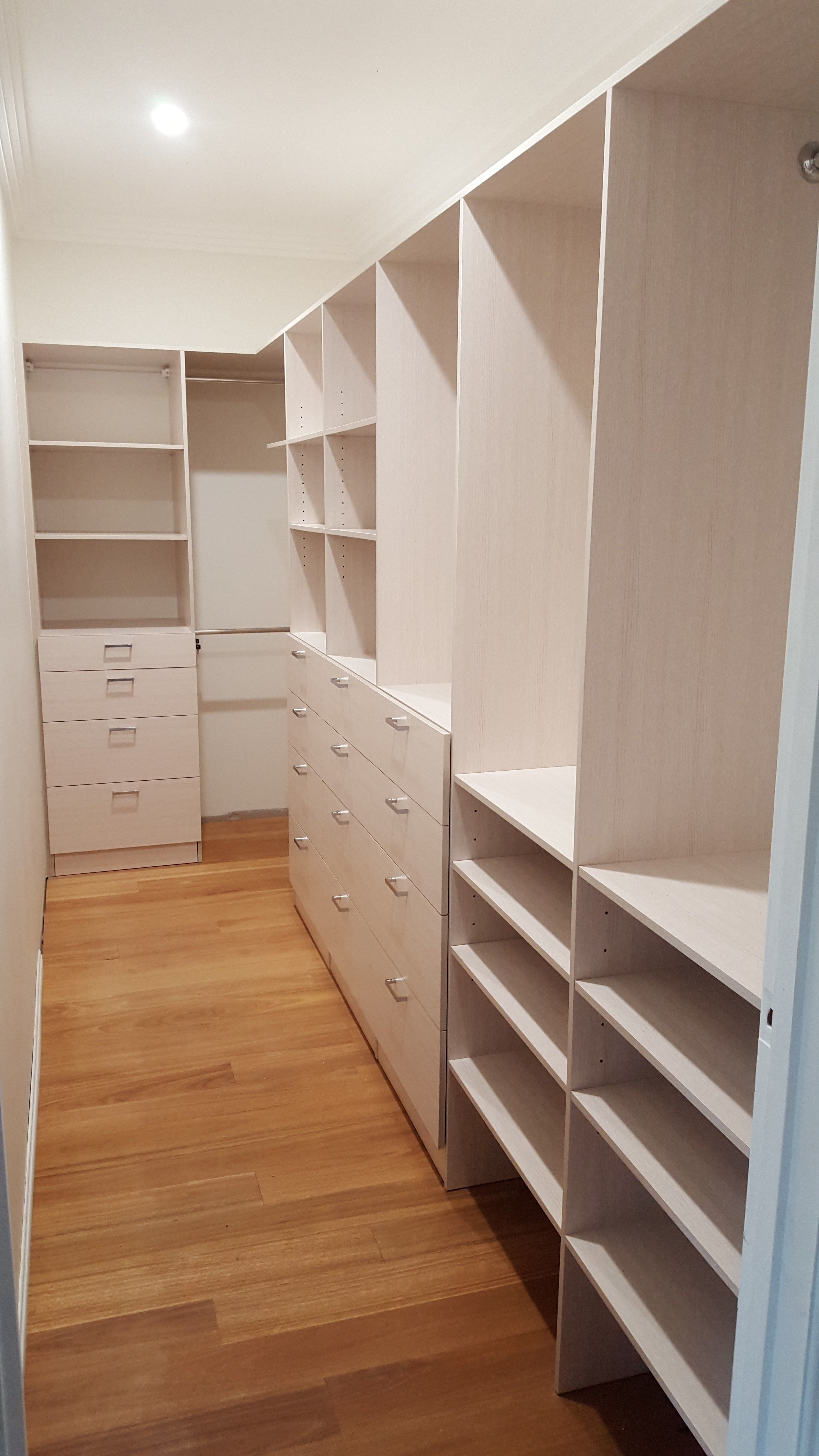 Full colour WIR using Polytec Soft Walnut Matt MR MDF. Drawers , hanging space and flat shoe shelves