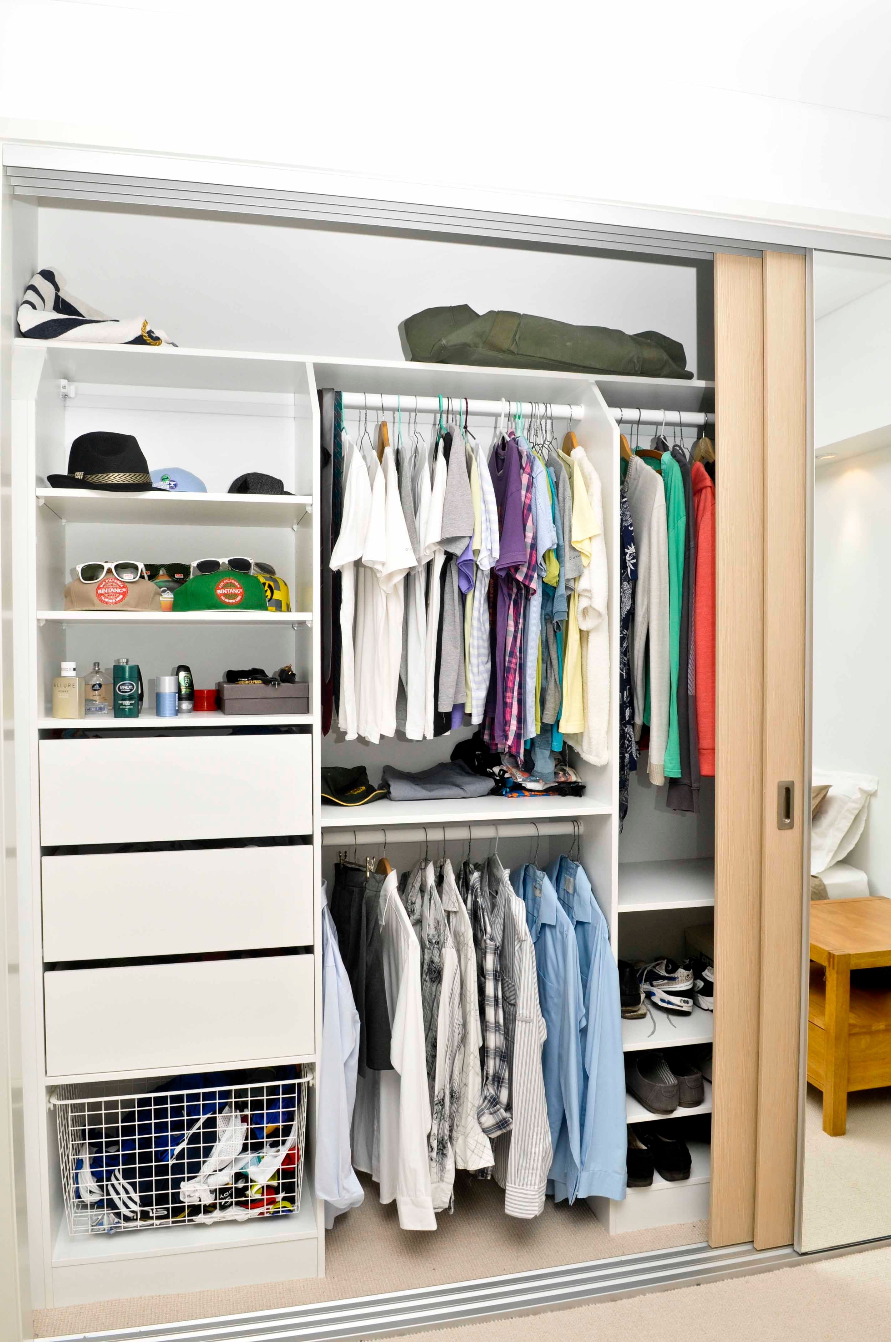Build in robe using White HMR Melamine with open drawer fronts, basket and flat shoe shelves