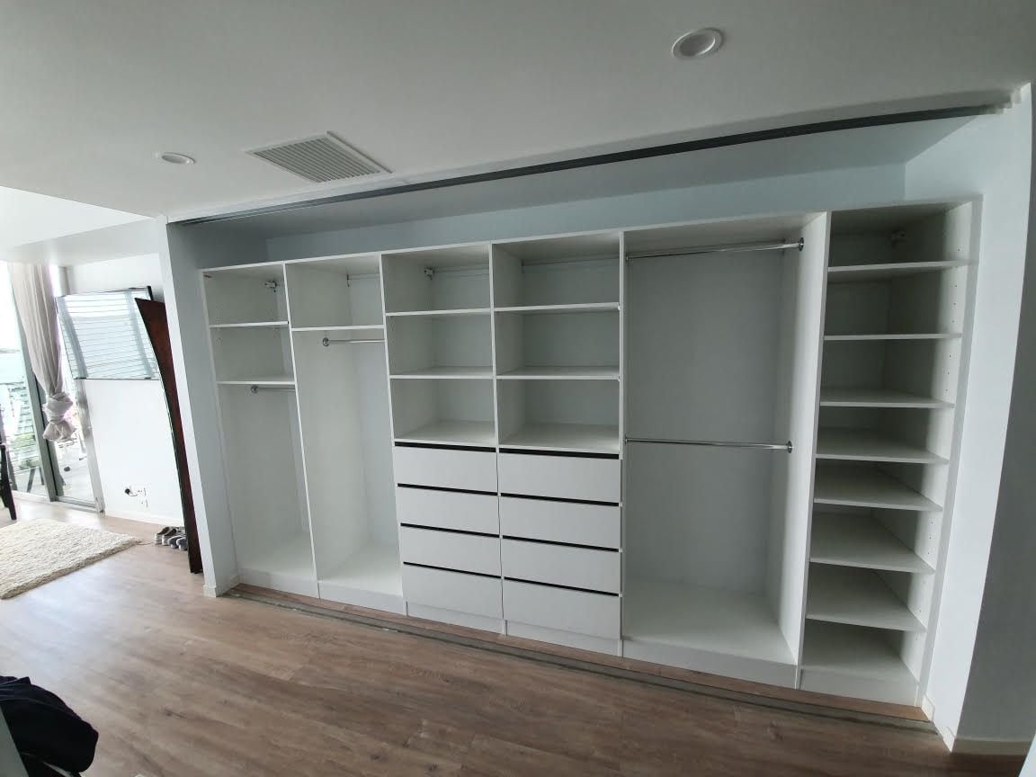 BIR using White HMR Melamine with open drawer fronts, shelving and long, 3/4 and double hang